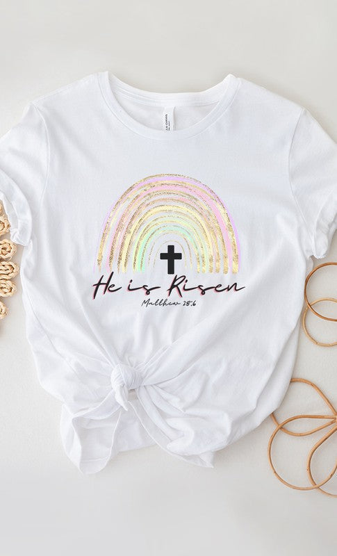 He Is Risen Glitter Rainbow Graphic Tee T-Shirt