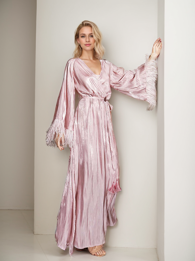 Luxury Feather-Trimmed Satin Robe - Elegant Full-Length Lounge & Bridal Wear