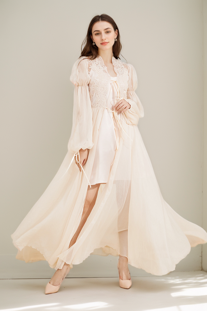 Boho Lace Embroidered Long Sheer Robe Set with Camisole Dress