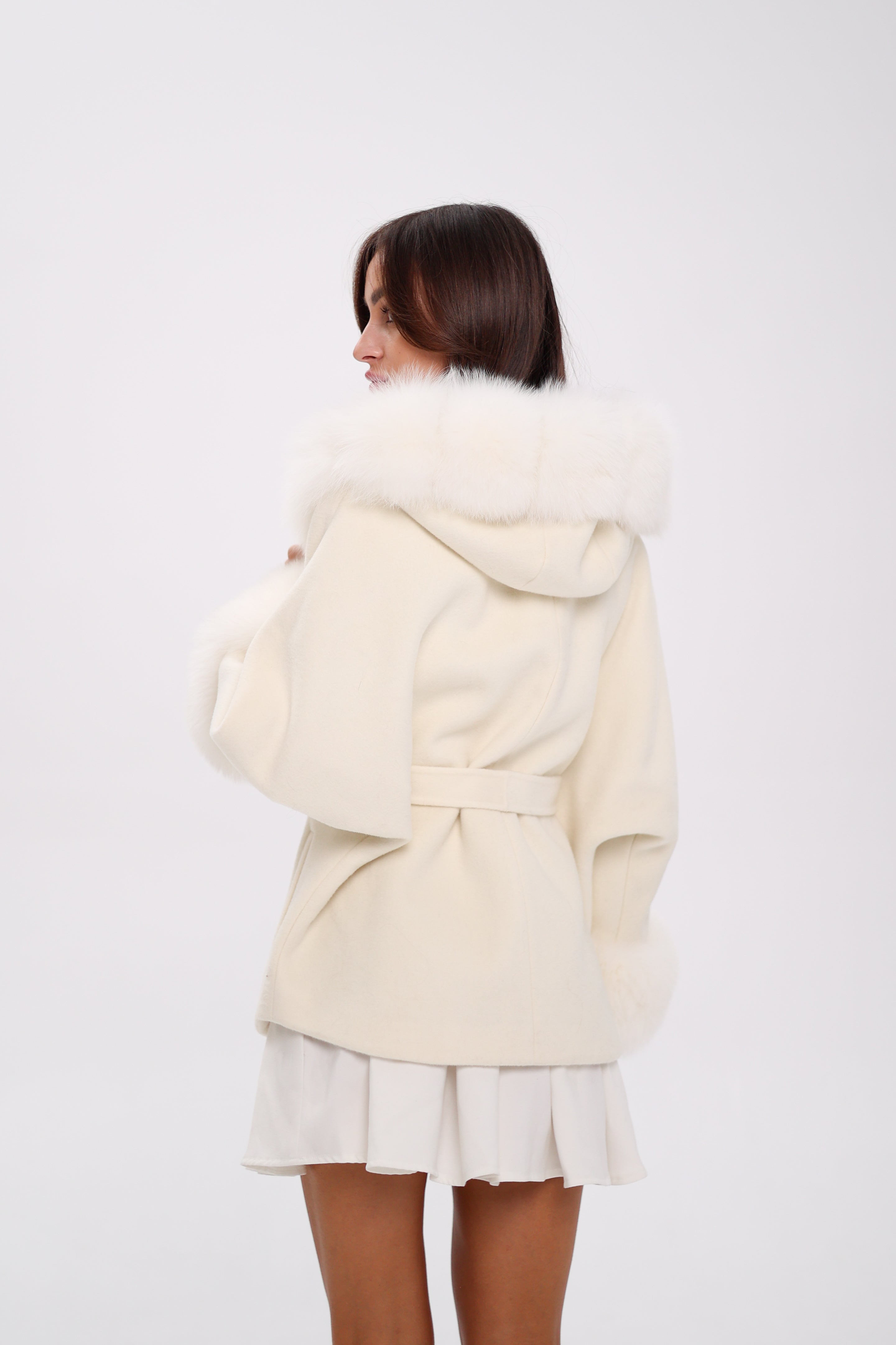 Genuine Polar Fox Fur Wool Hooded Coat