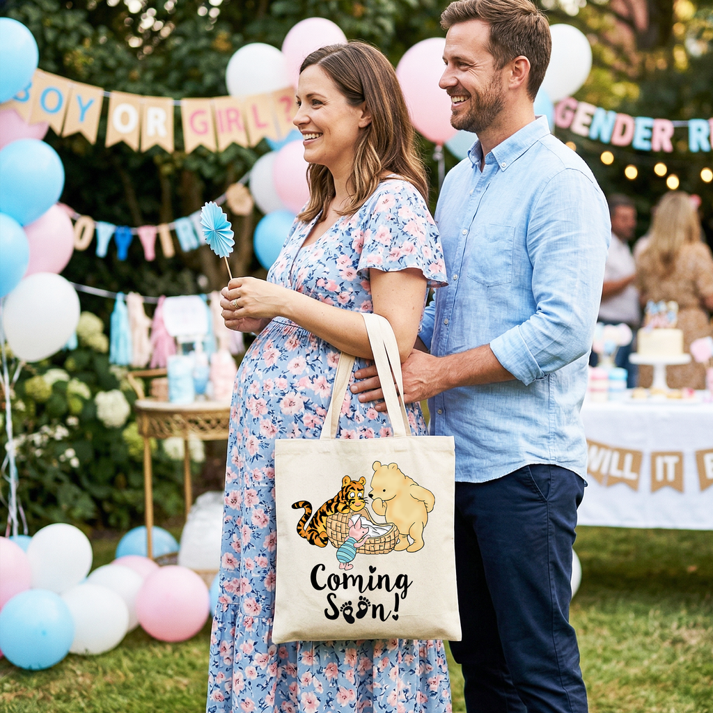 Pregnancy Announcement With Pooh & Tiger Tote Bag, Coming Soon Gift Shopper for Expecting Moms