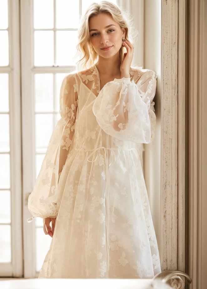 Ethereal Lace Long-Sleeve Sheer Bridal Robe Dress with Train