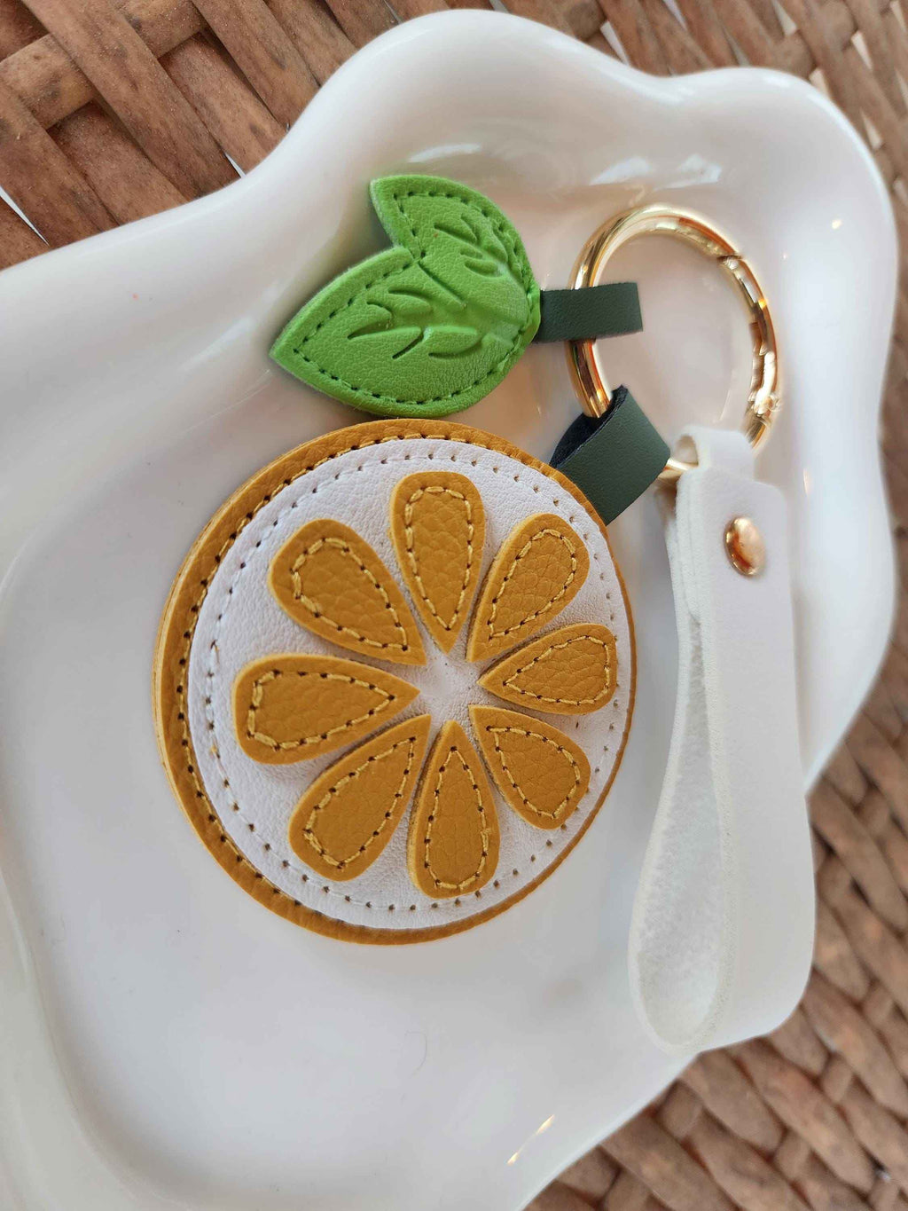 Personalized Orange Slice Keychain: Faux Leather Citrus Bag Charm