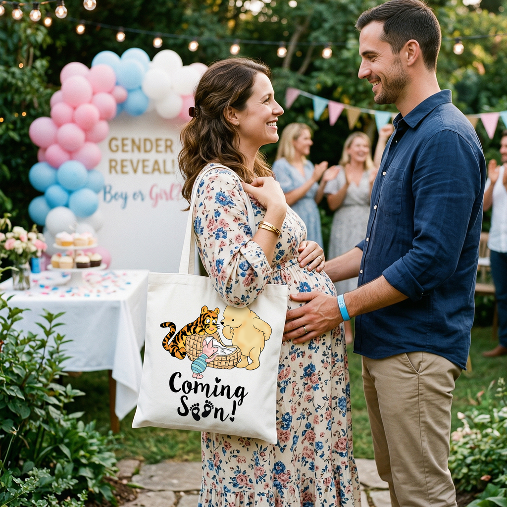 Pregnancy Announcement With Pooh & Tiger Tote Bag, Coming Soon Gift Shopper for Expecting Moms