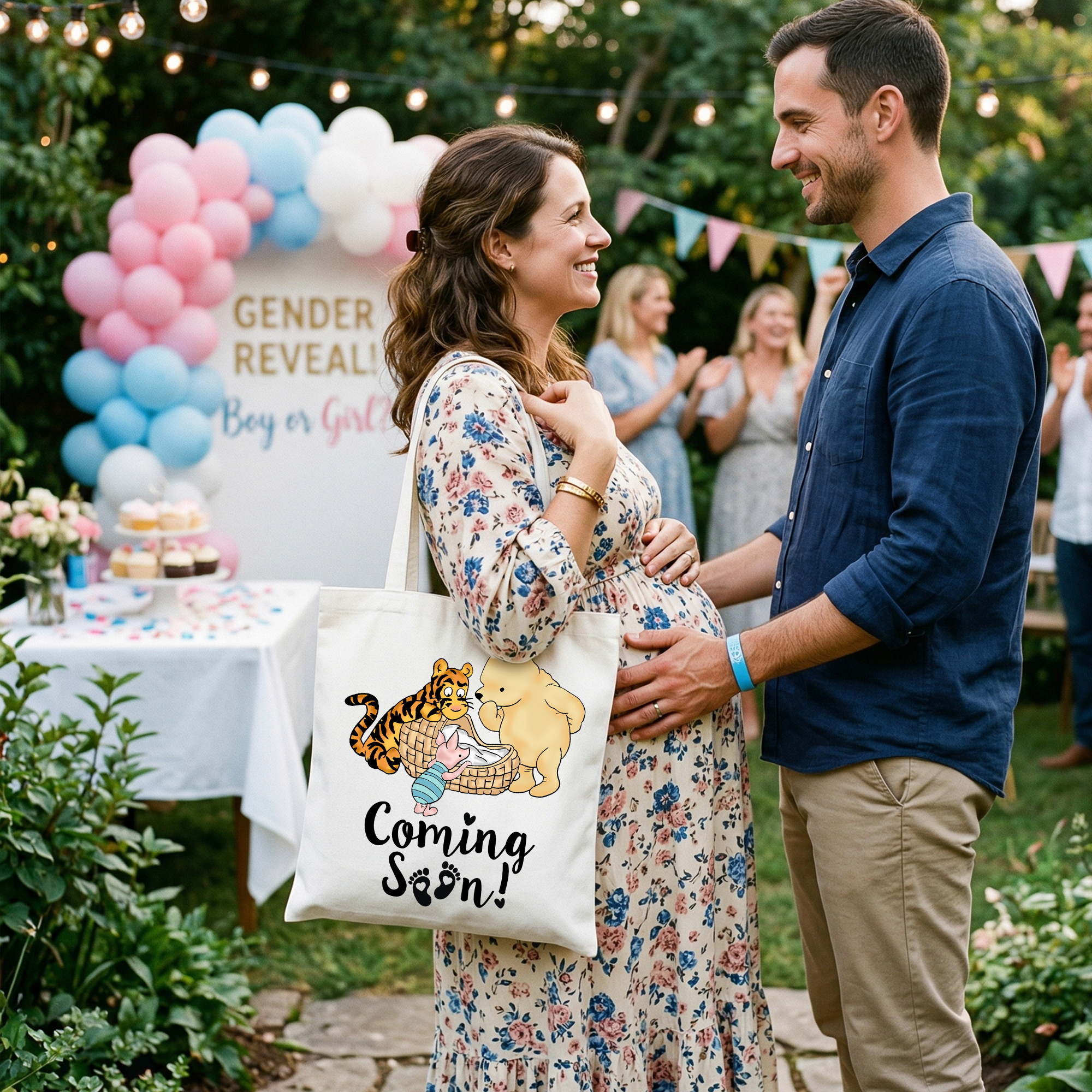 Pregnancy Announcement With Pooh & Tiger Tote Bag, Coming Soon Gift Shopper for Expecting Moms