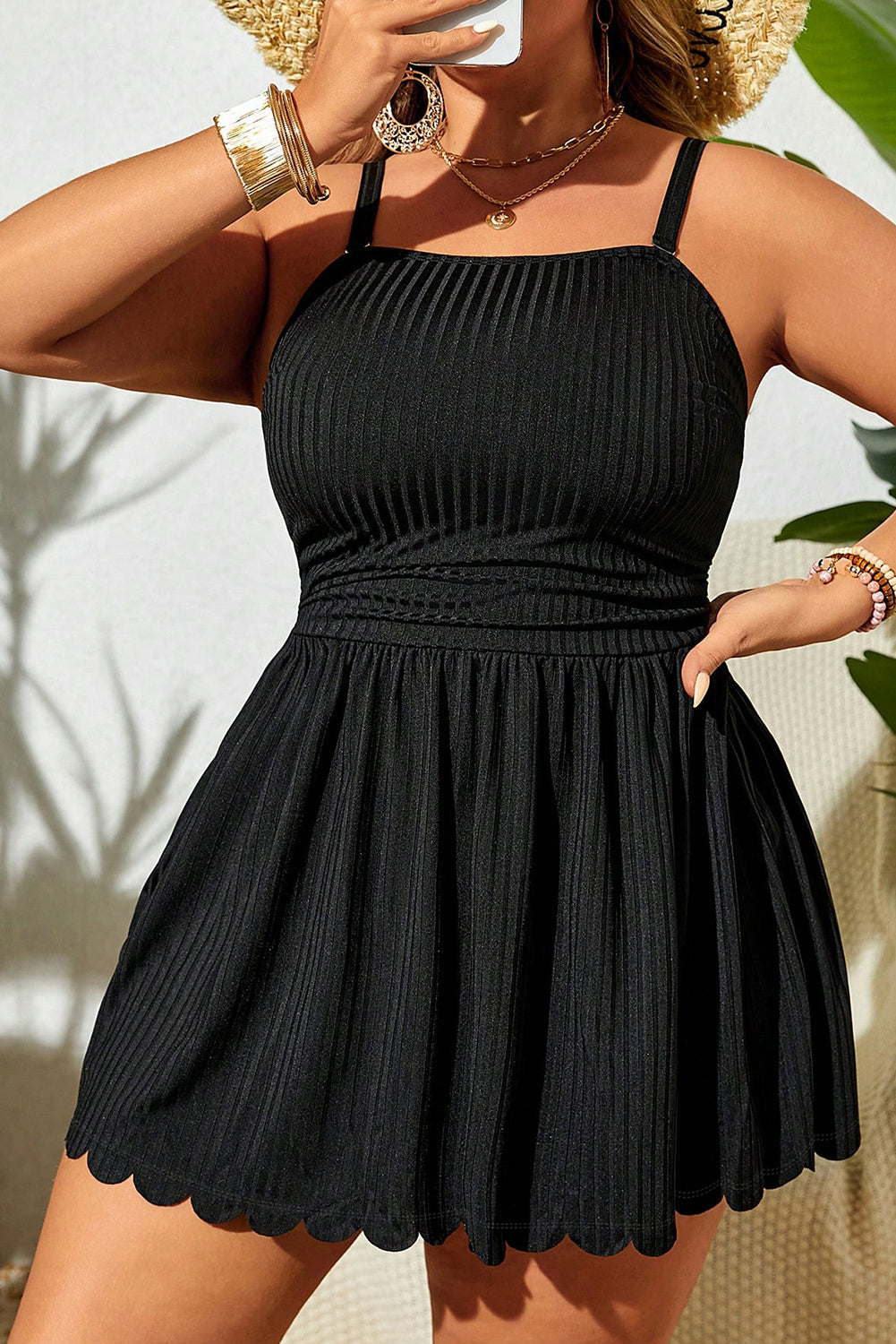 Black Textured Scalloped Trim Swim Dress with Panty