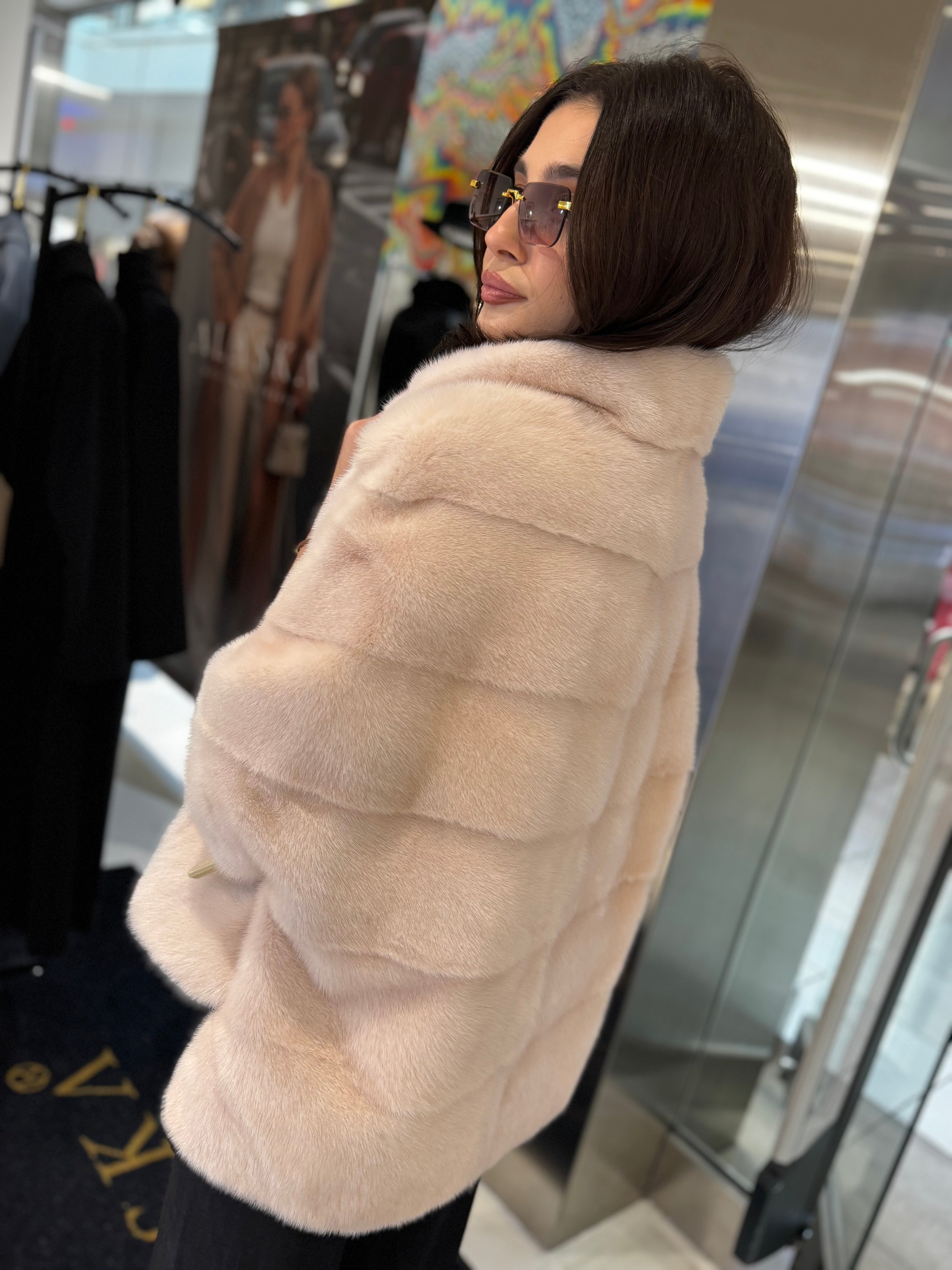 Genuine Scandinavian Mink Fur Poncho in Peach Blush
