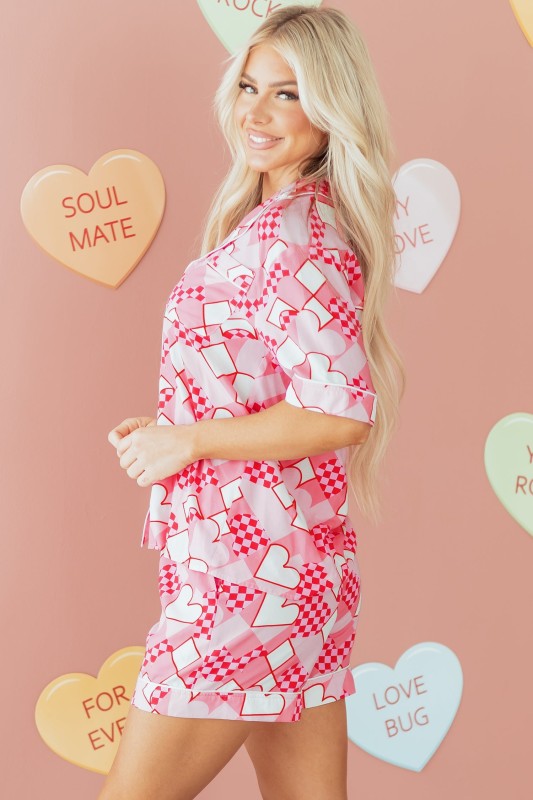Heart Short Sleeve Shirt and Shorts Pajama Set