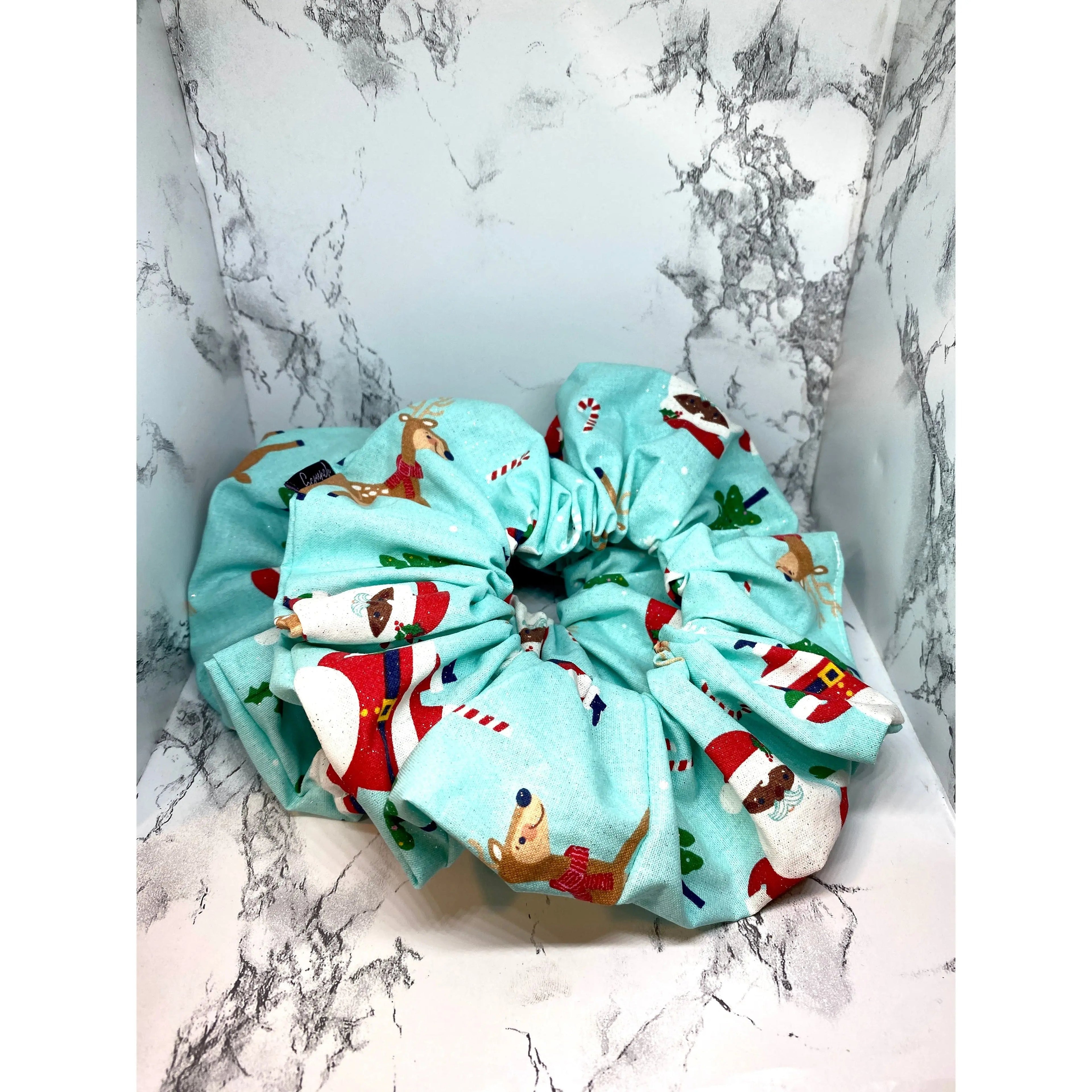 Blue Santa and Reindeer Christmas Scrunchie