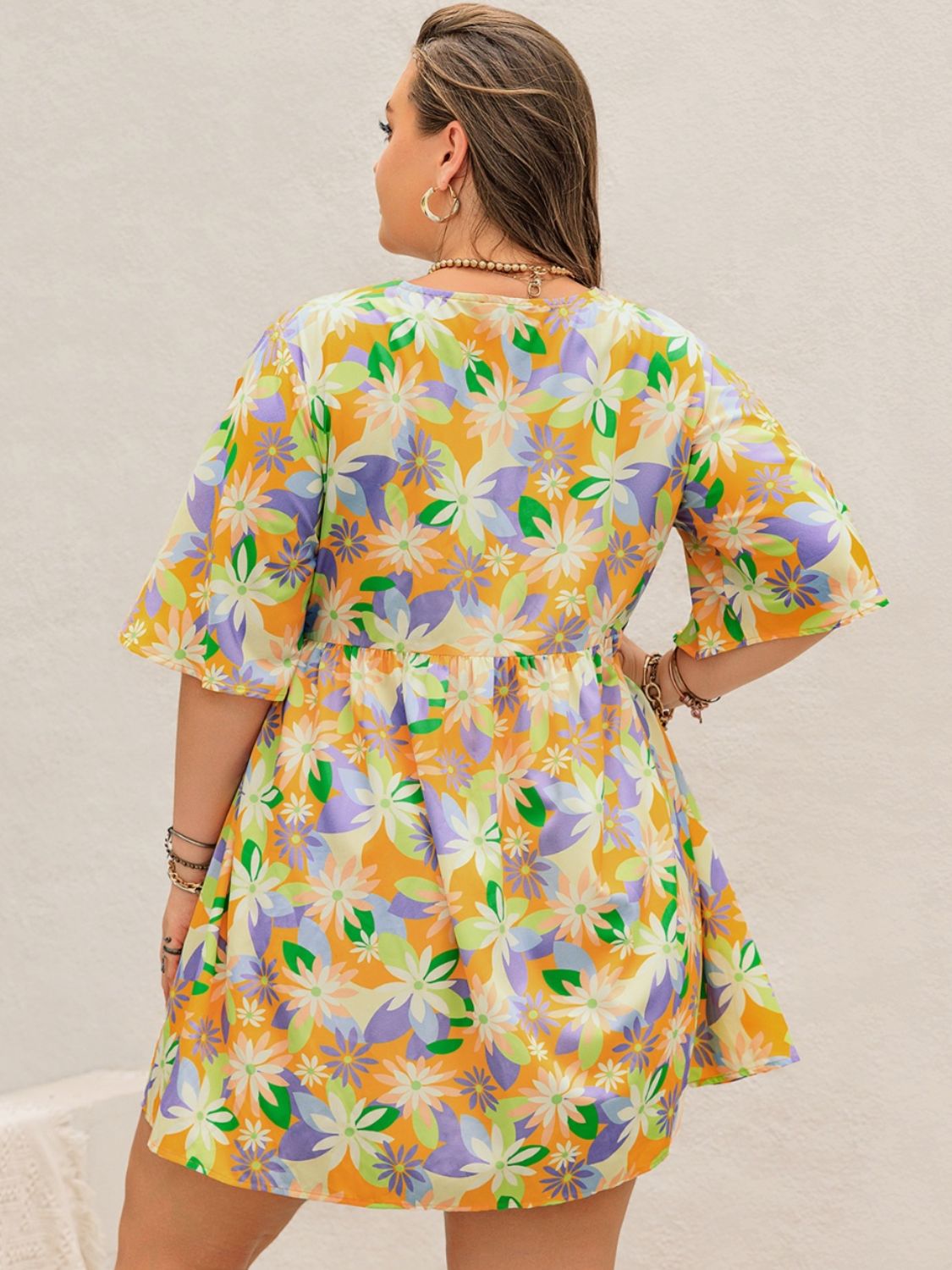 Printed V-Neck Half Sleeve Mini Dress
