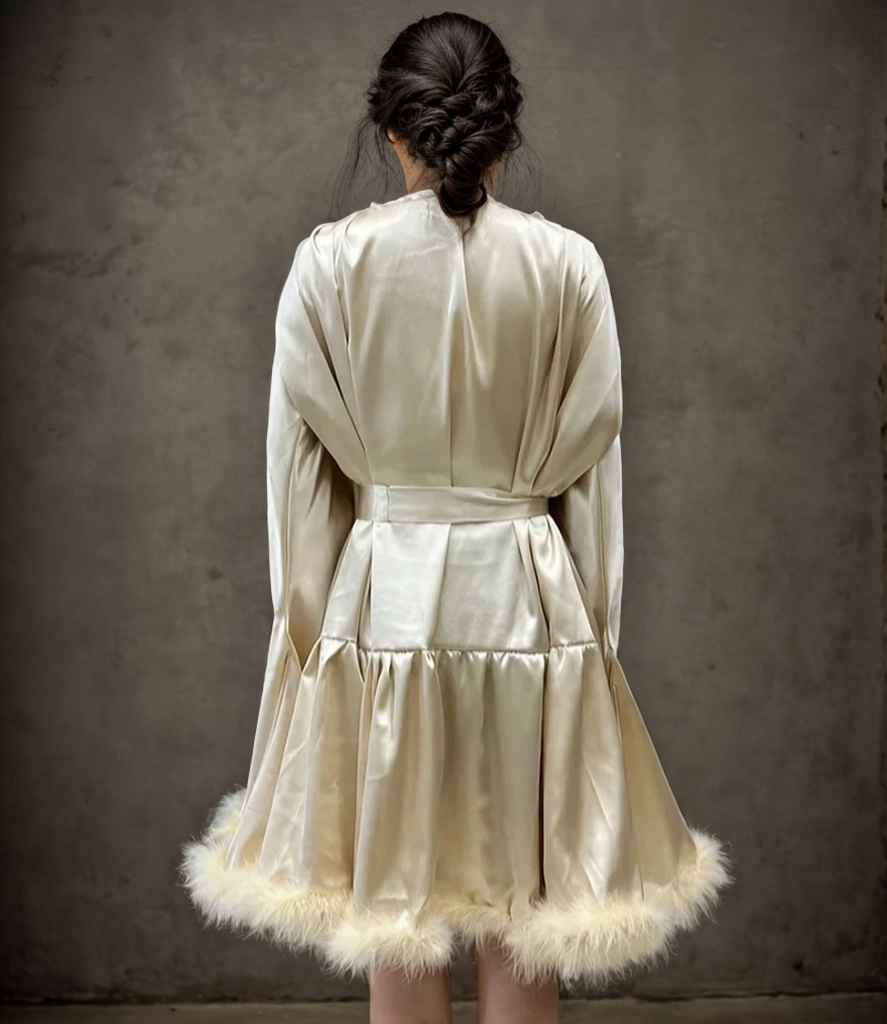 Short Satin Feather Robe – Holiday Photoshoot, Christmas Gift, Glam Party Outfit