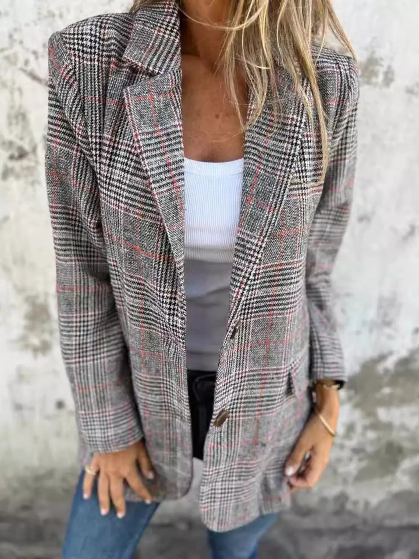 Full Size Plaid Single-Breasted Long Sleeve Blazer