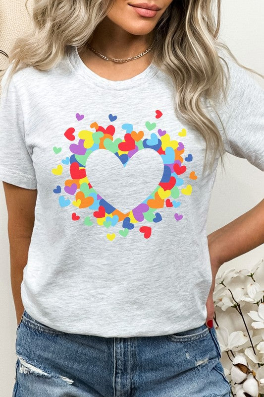 Flying Rainbow Hearts in Heart Cutout Graphic Tee T-Shirt