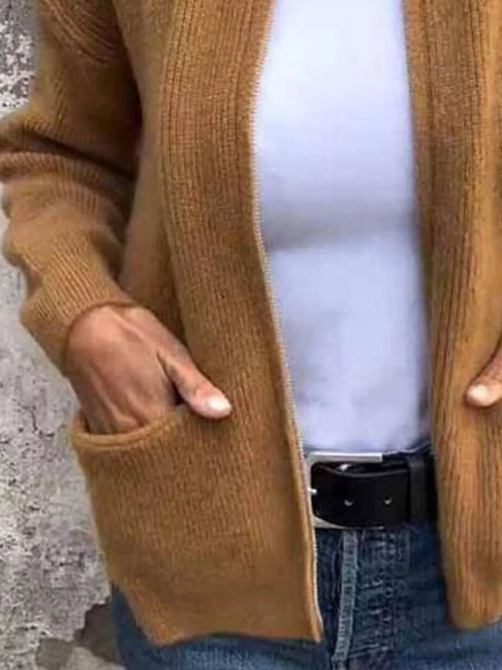 Full Size Zip Up Ribbed Knit Cardigan with Front Pockets Plus Size