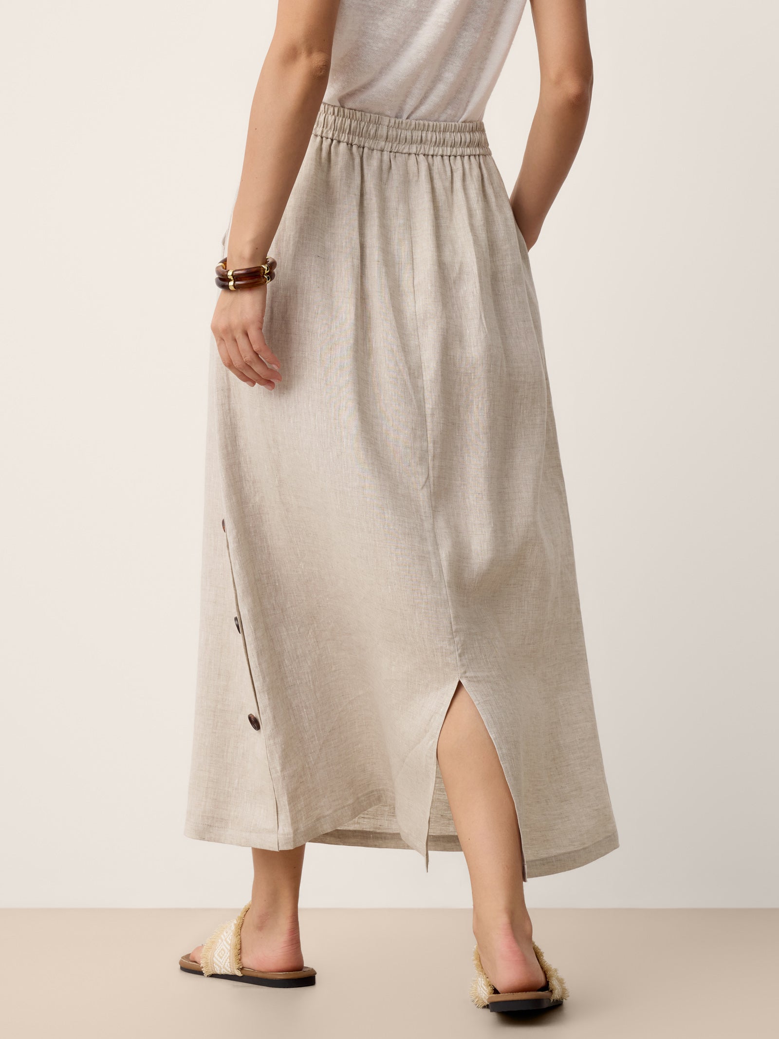 100% Linen Button-Trim Slit Skirt ASTRA