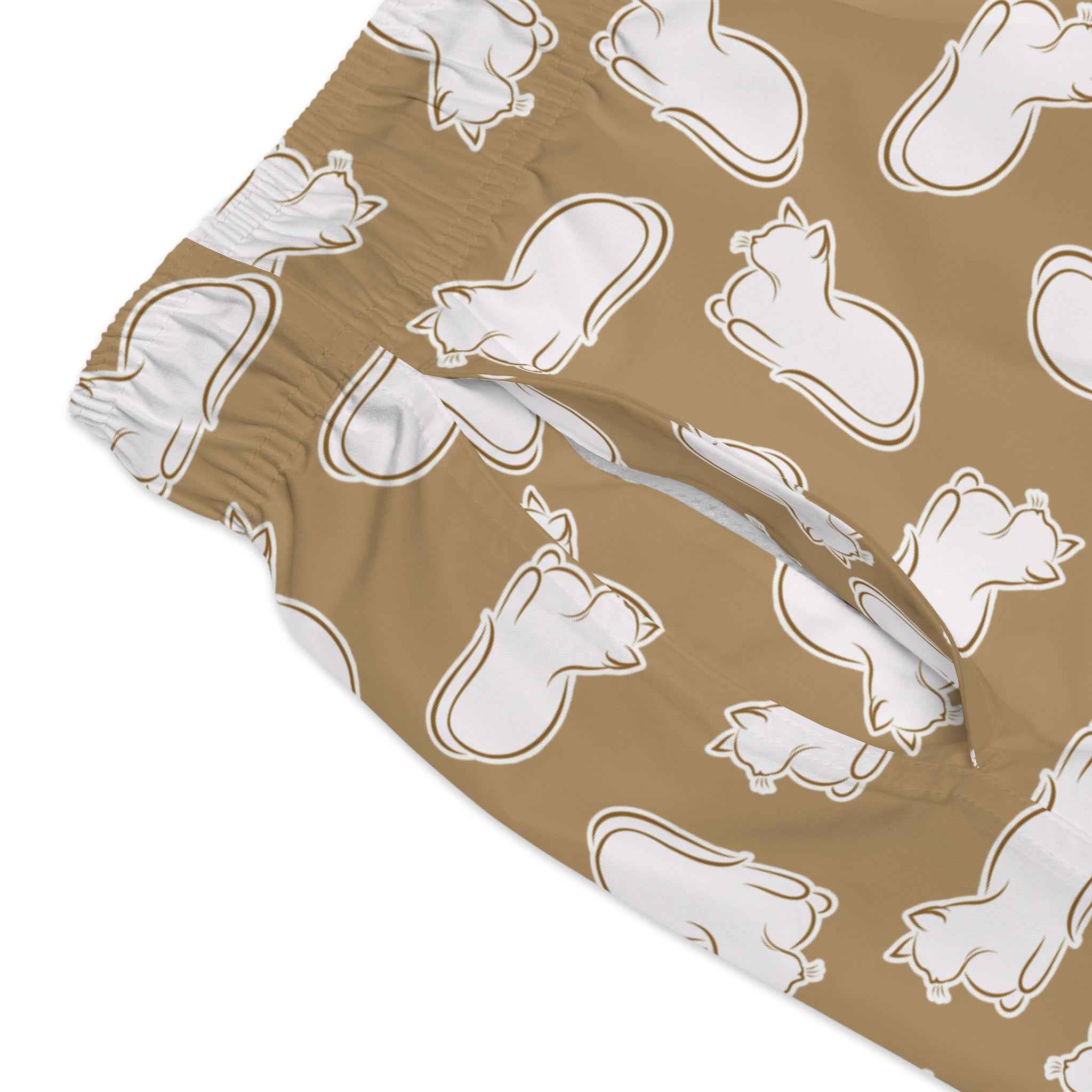 Laid-Back Cat Chaos Swim Trunks – Sand Tone Minimalist Print, Casual Beach Shorts