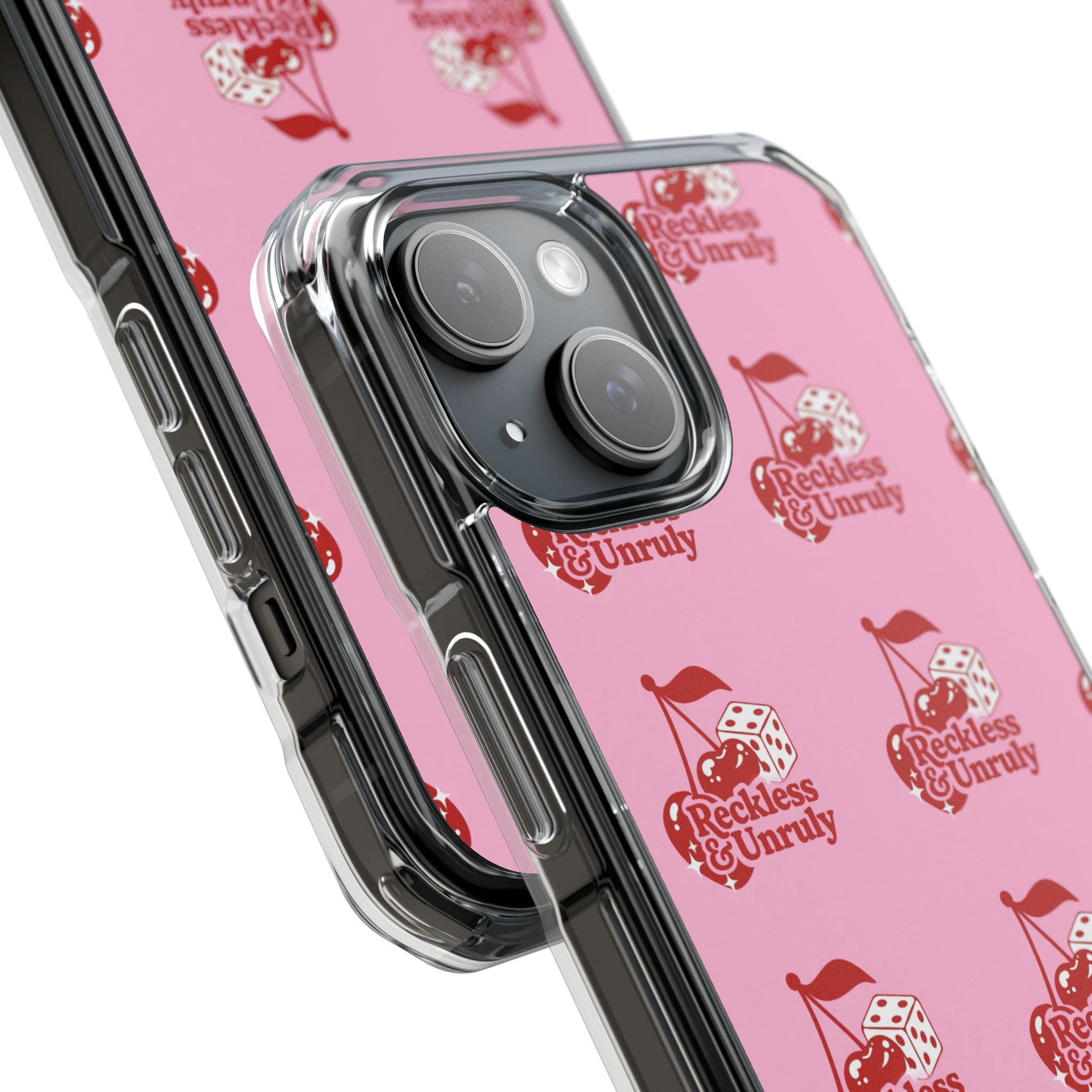 Clear Magnetic Phone Case — Pink ‘Reckless & Unruly’ Repeat Logo
