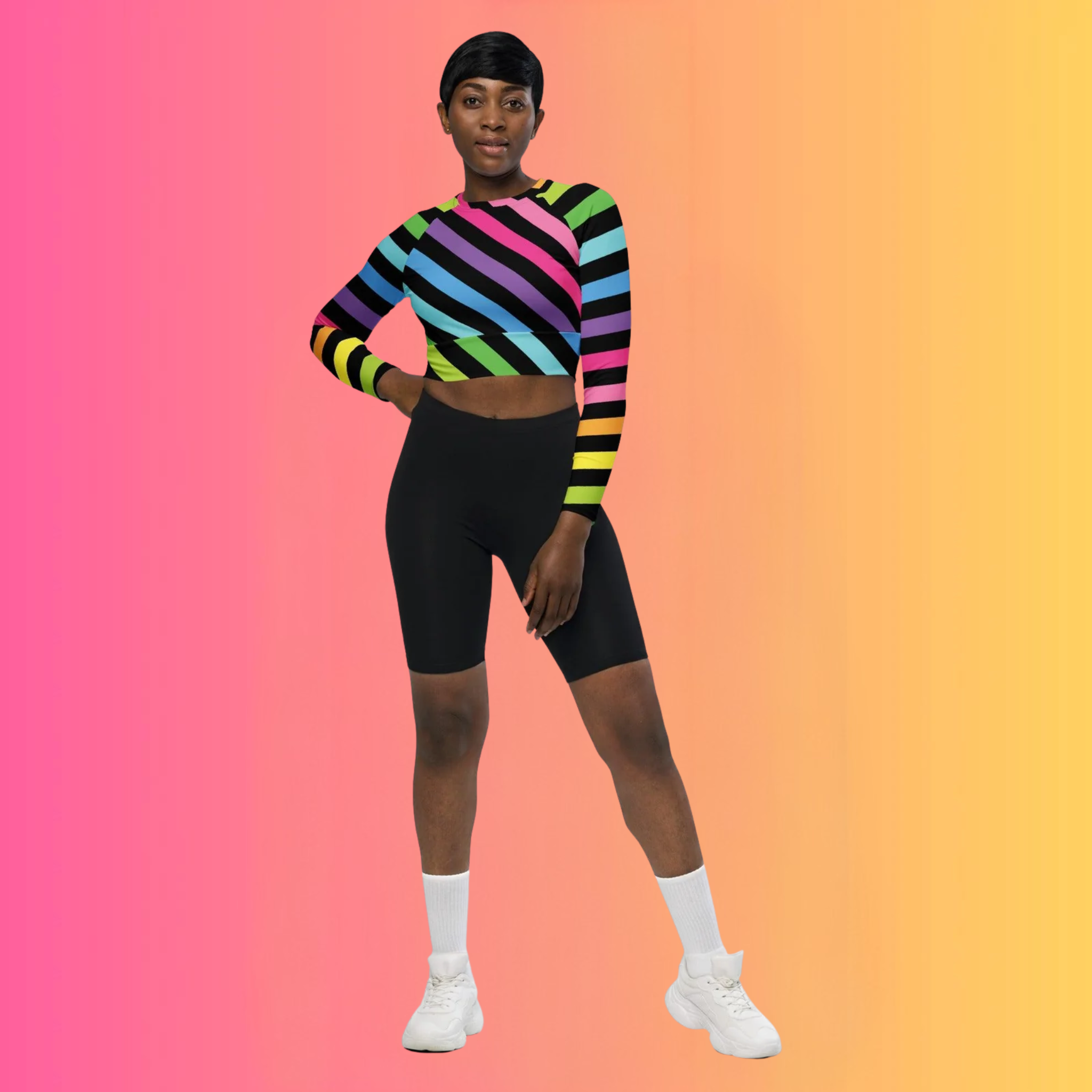Neon Rainbow Stripe Long-Sleeve Crop Top for Festival Vibes