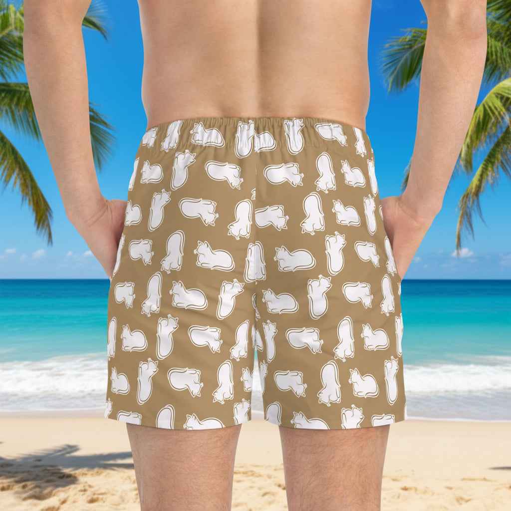 Laid-Back Cat Chaos Swim Trunks – Sand Tone Minimalist Print, Casual Beach Shorts