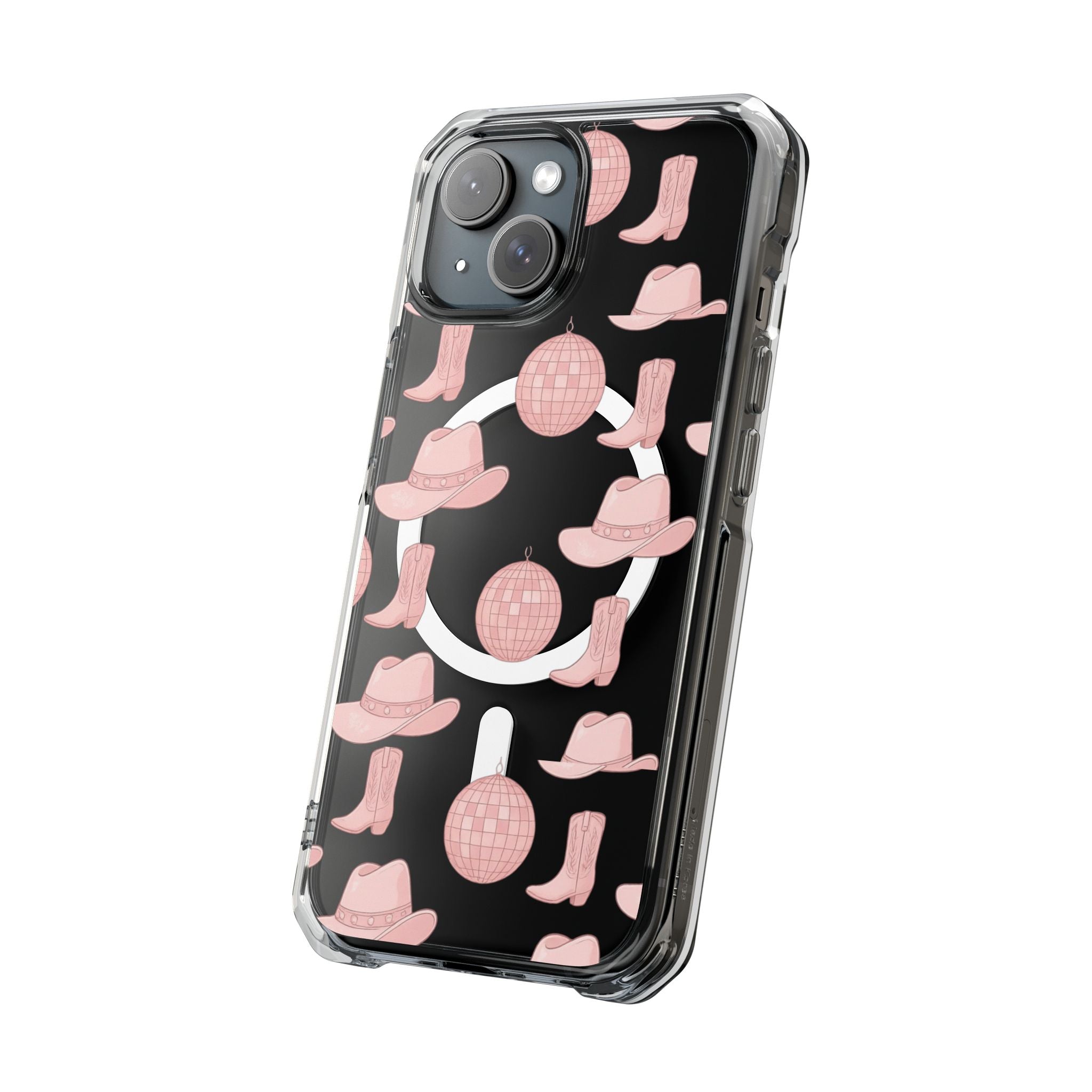 Clear Magnetic Phone Case — Pink Disco Hat & Boot Pattern