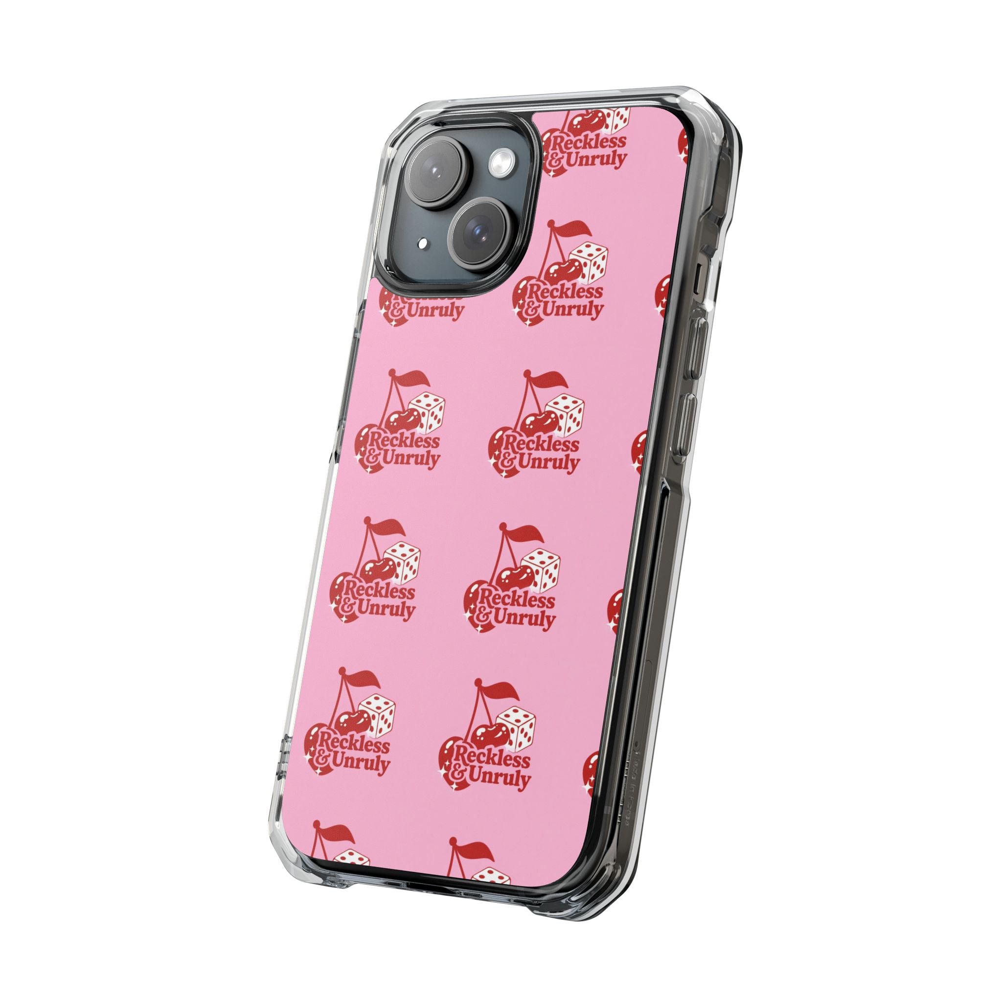 Clear Magnetic Phone Case — Pink ‘Reckless & Unruly’ Repeat Logo
