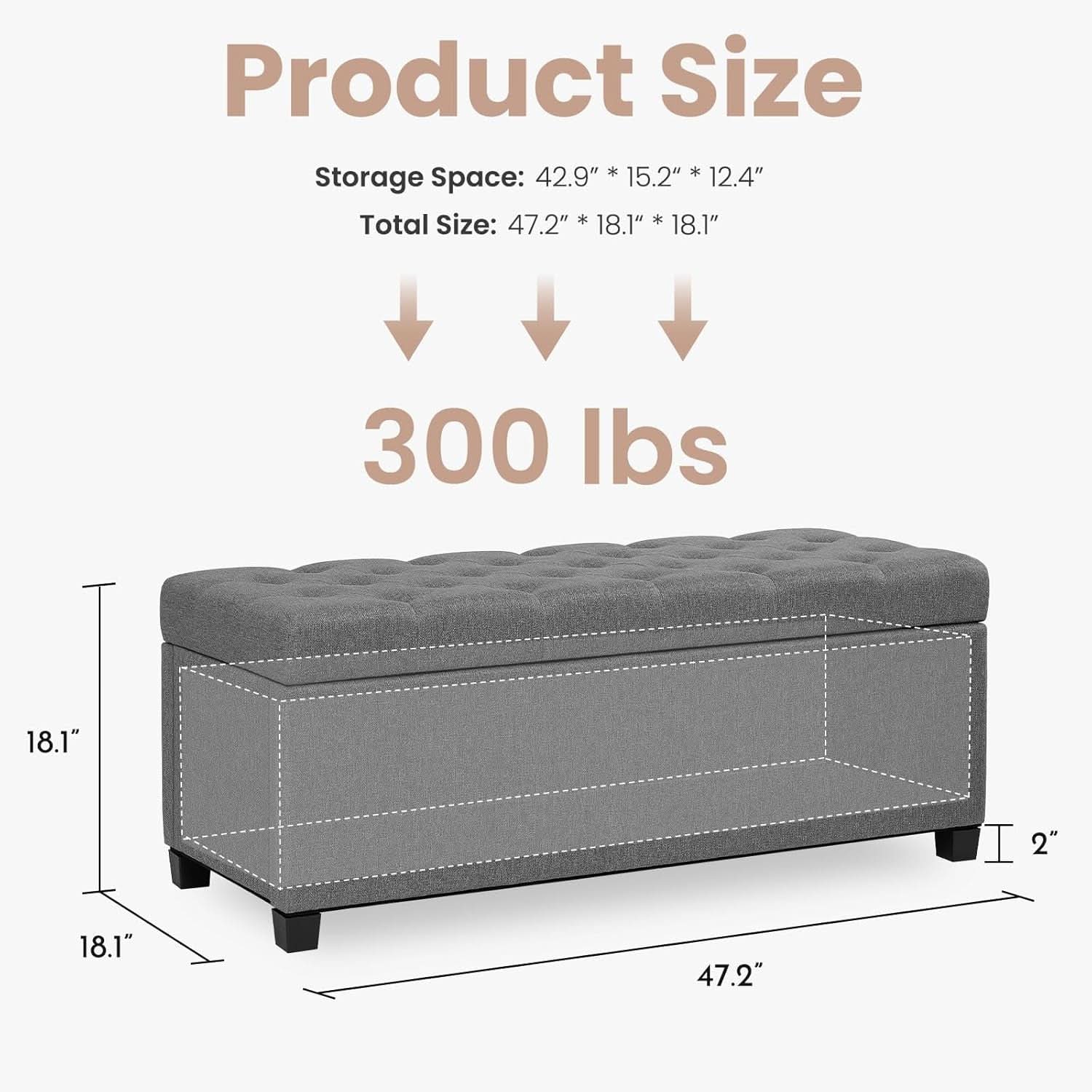 47.2 Inch Storage Ottoman Bench Light Grey Upgraded