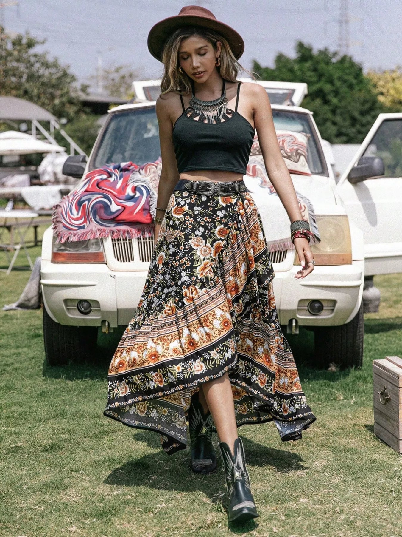 Boho Floral Print High-Low Skirt See size chart under “more details”