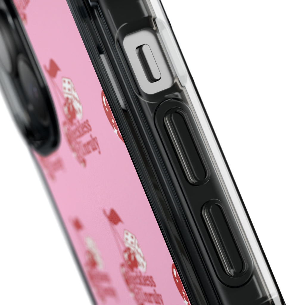 Clear Magnetic Phone Case — Pink ‘Reckless & Unruly’ Repeat Logo