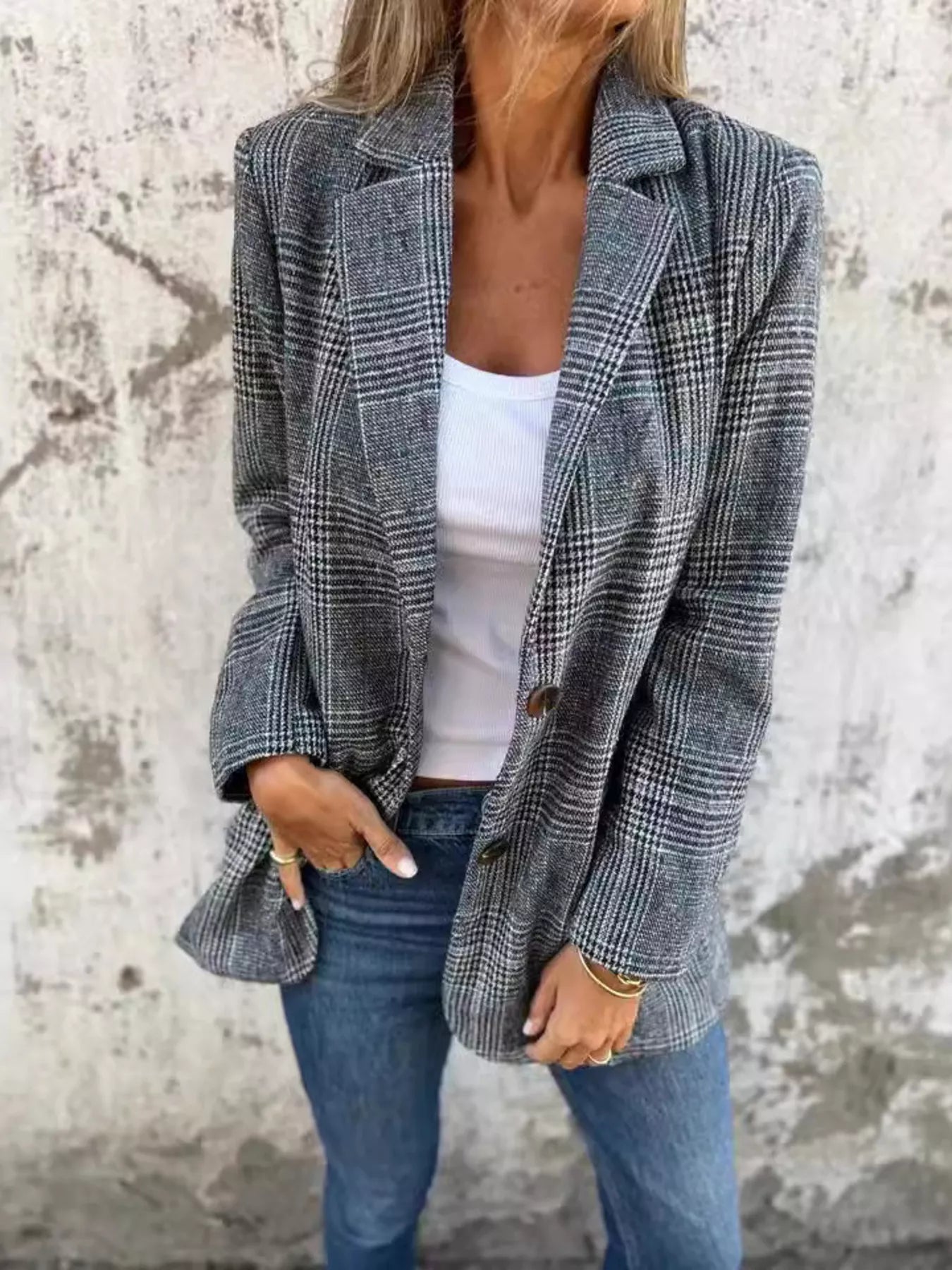 Full Size Plaid Single-Breasted Long Sleeve Blazer
