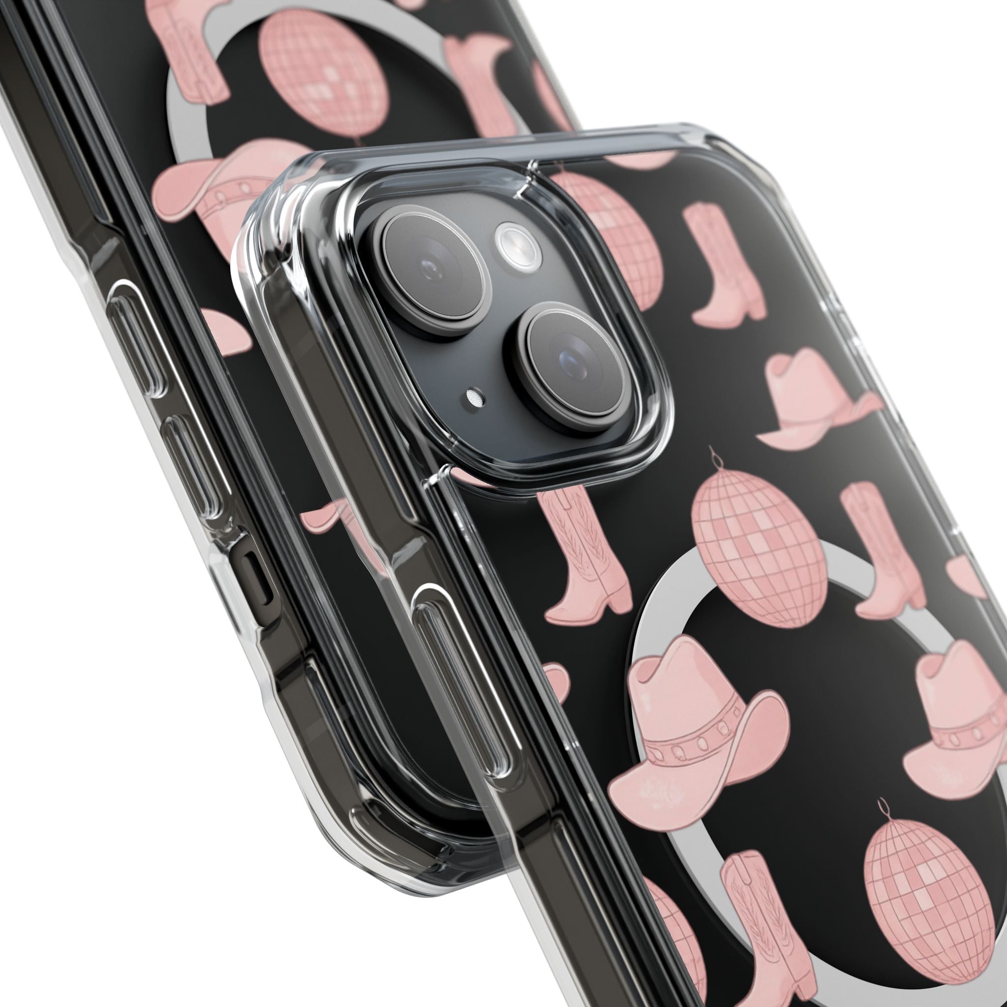 Clear Magnetic Phone Case — Pink Disco Hat & Boot Pattern