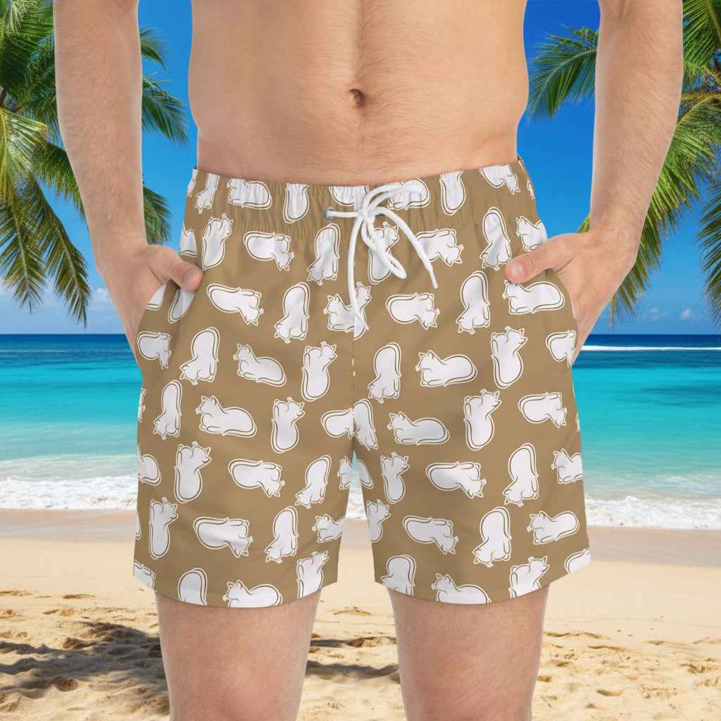 Laid-Back Cat Chaos Swim Trunks – Sand Tone Minimalist Print, Casual Beach Shorts