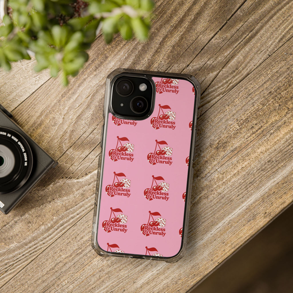 Clear Magnetic Phone Case — Pink ‘Reckless & Unruly’ Repeat Logo