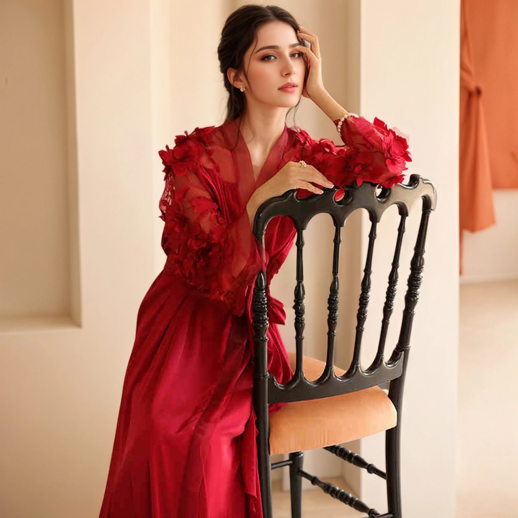 3D Floral Appliqué Sheer Sleeve Satin Robe – Wine Red or Ivory White