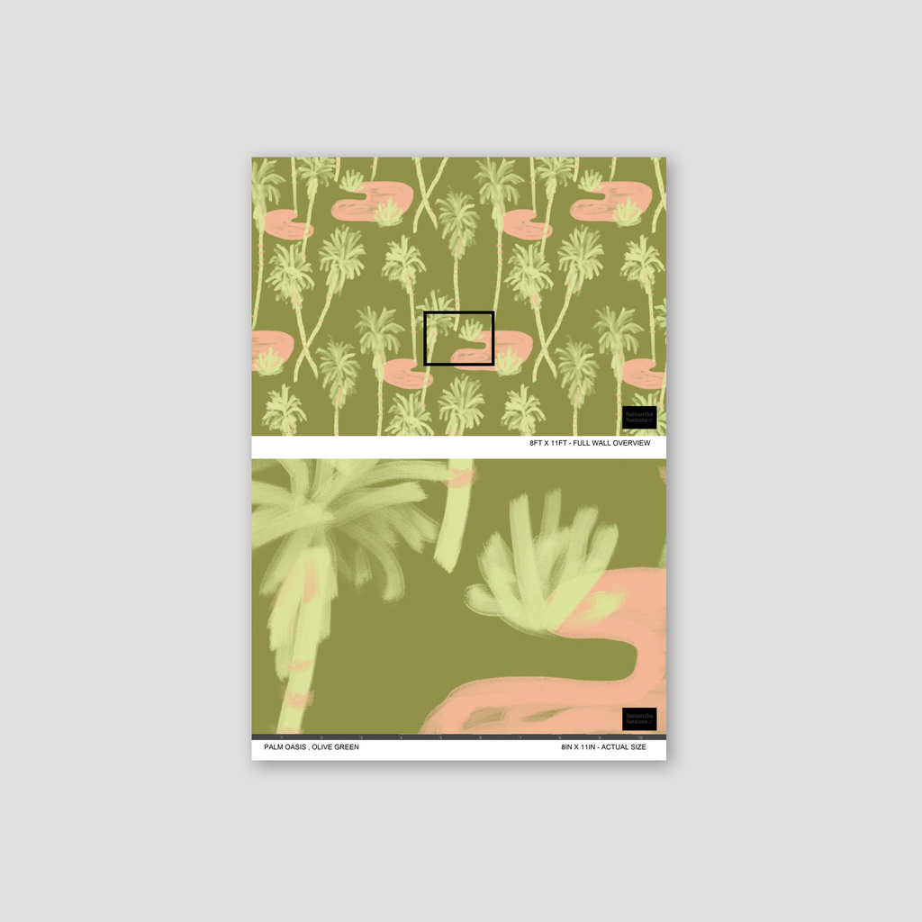 Palm Oasis Wallpaper, olive green and coral