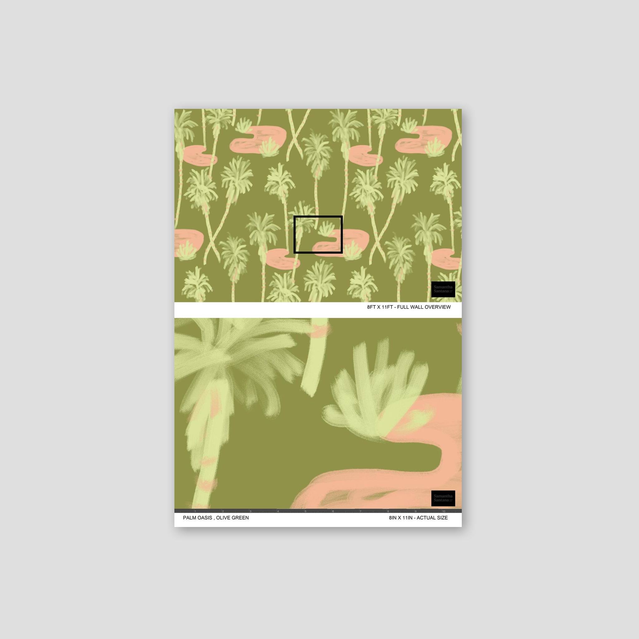 Palm Oasis Wallpaper, olive green and coral