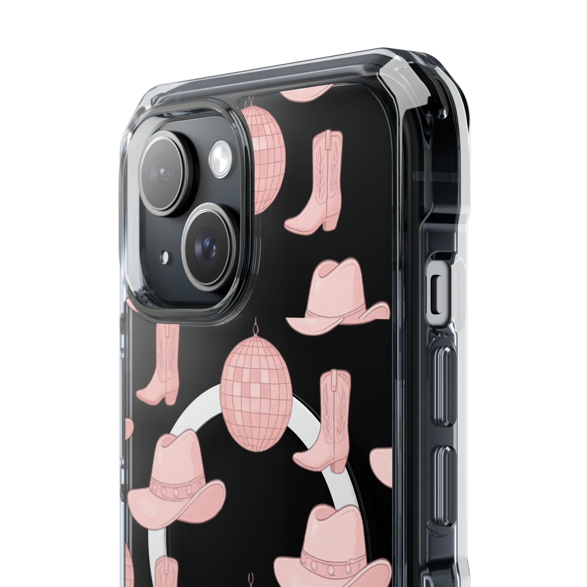 Clear Magnetic Phone Case — Pink Disco Hat & Boot Pattern