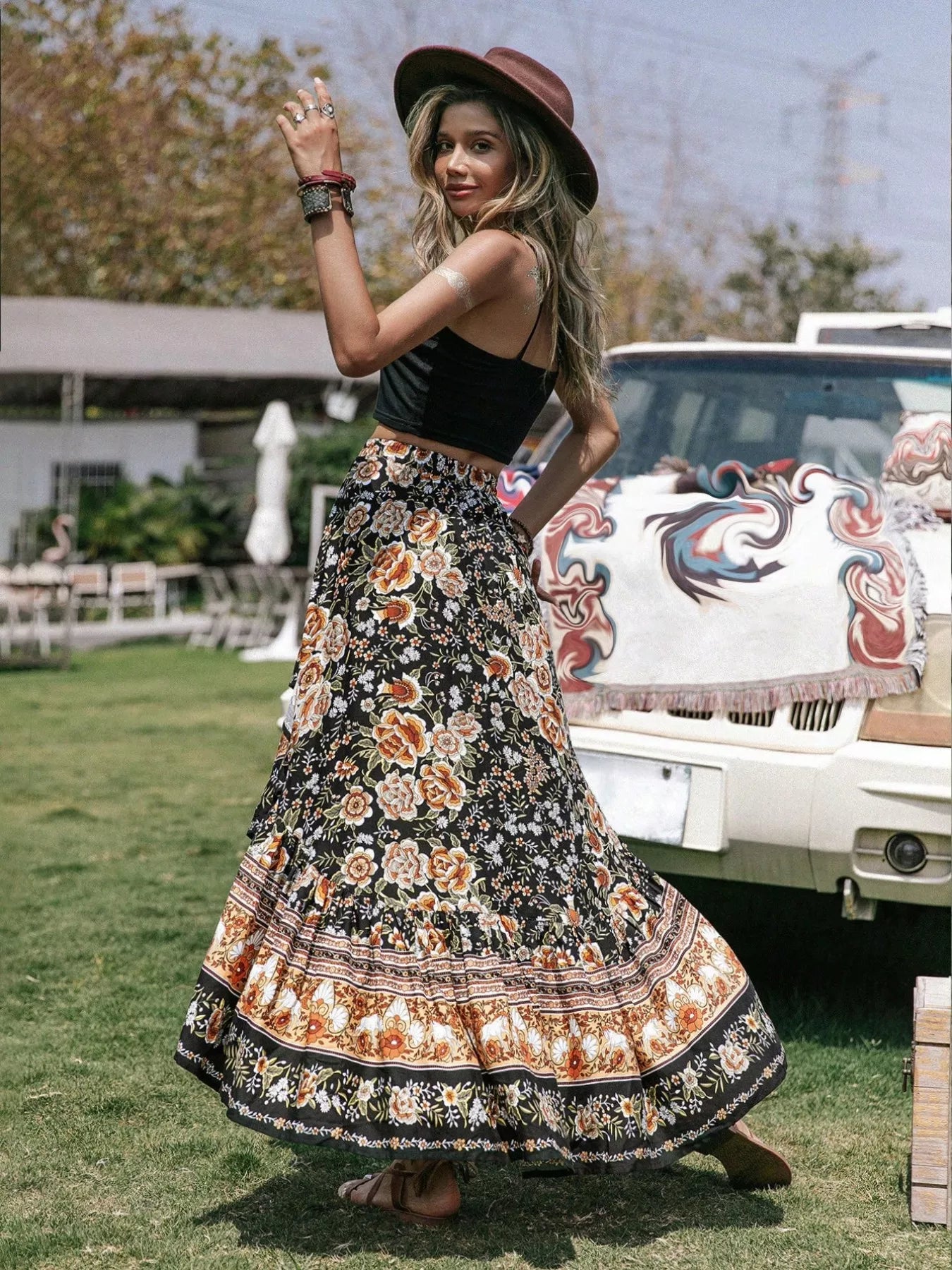 Boho Floral Print High-Low Skirt See size chart under “more details”