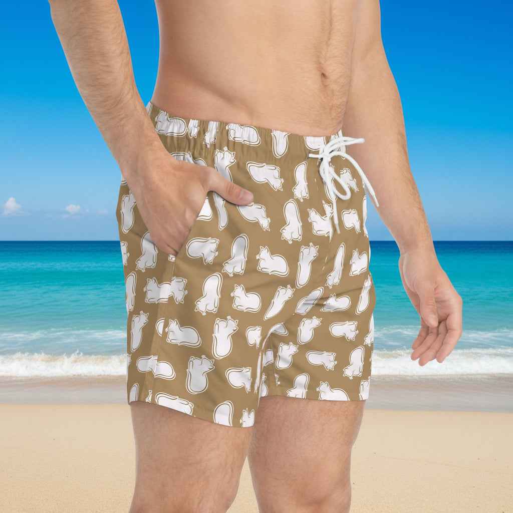 Laid-Back Cat Chaos Swim Trunks – Sand Tone Minimalist Print, Casual Beach Shorts