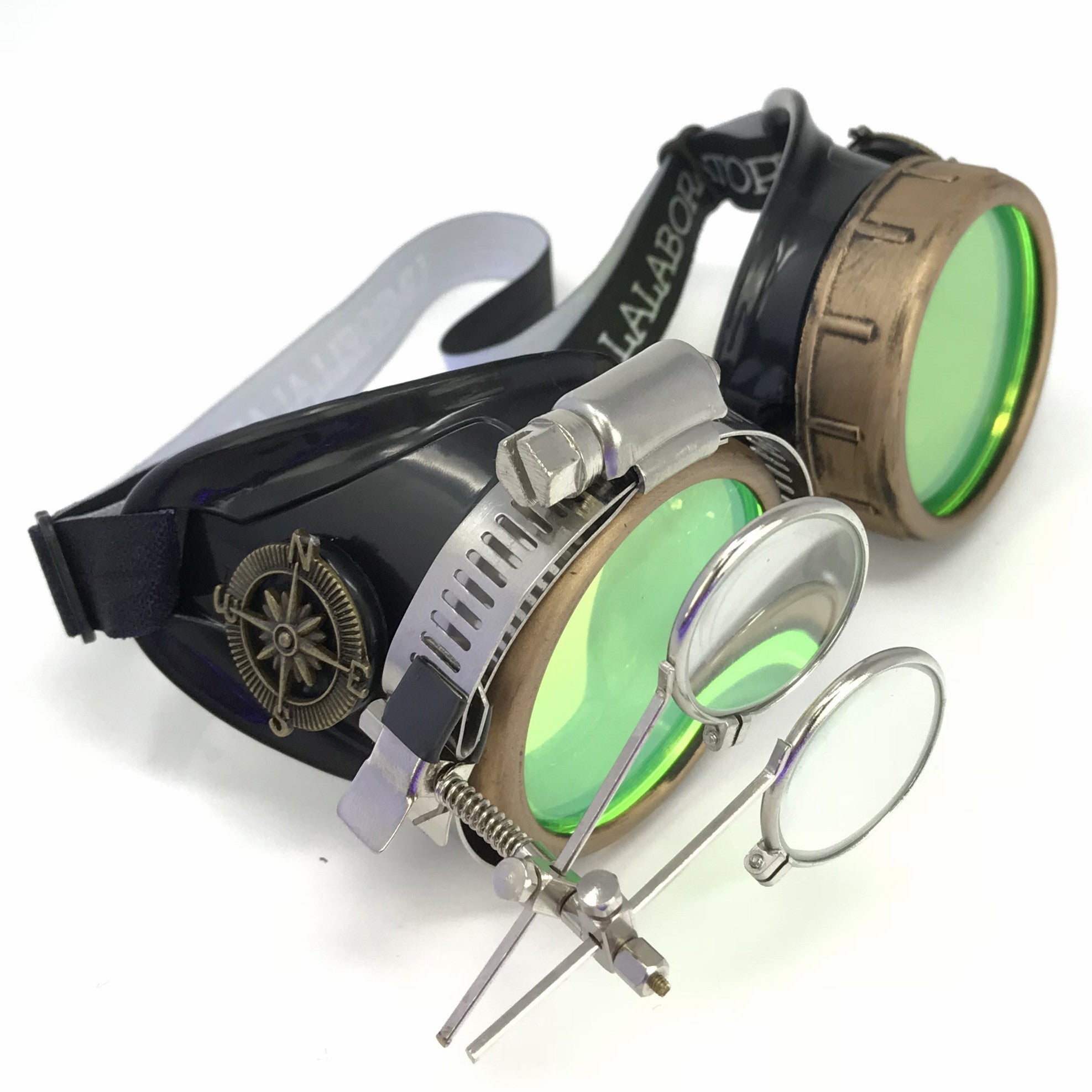 Steampunk Goggles with magnifying loupes UV glow neon green lenses