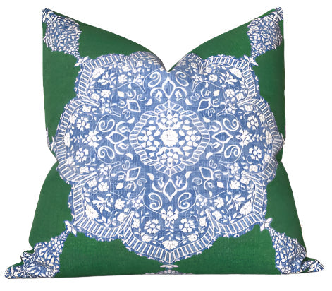 Medallion Pillow Cover in Blue and Green, Thibaut Pillows