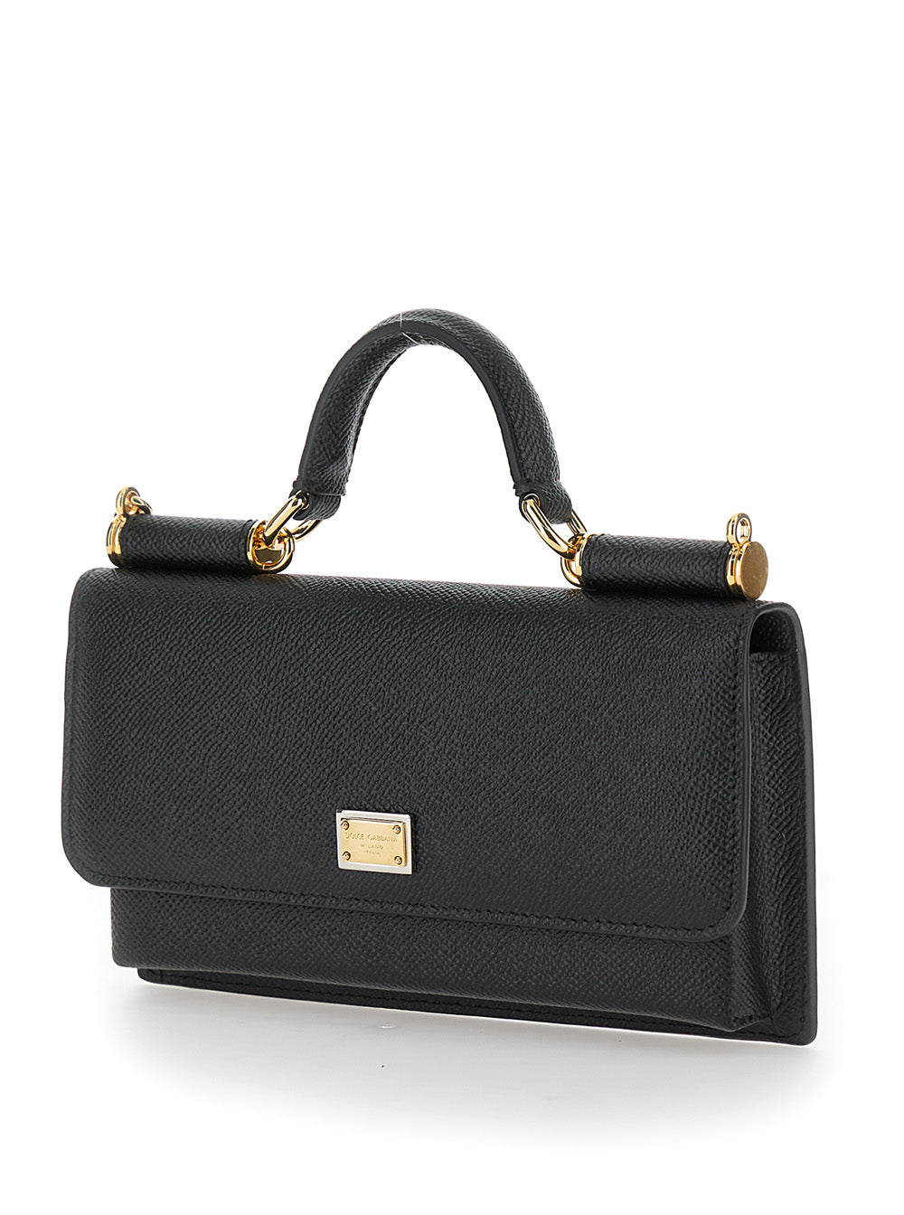 Dolce & Gabbana Women Black Crossbody Bag With Logo Plate In Grained Leather Women
