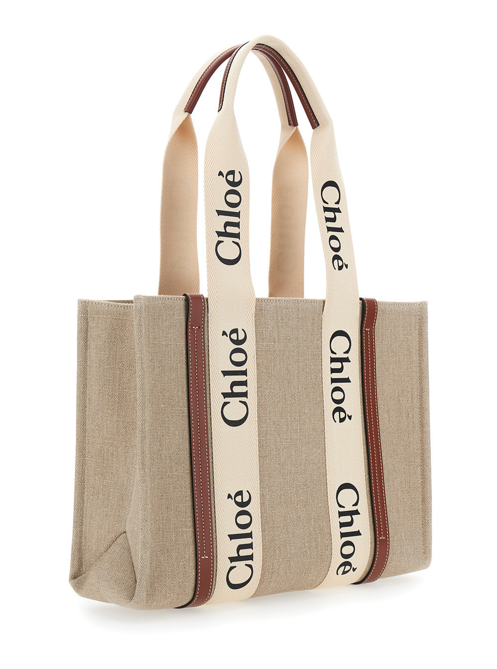 Chloé Women 'Woody' Beige Medium Handbag With Logo Lettering On The Front In Linen For Women
