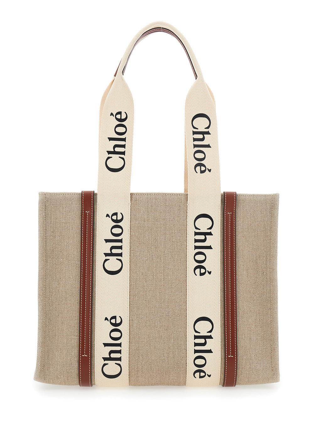 Chloé Women 'Woody' Beige Medium Handbag With Logo Lettering On The Front In Linen For Women
