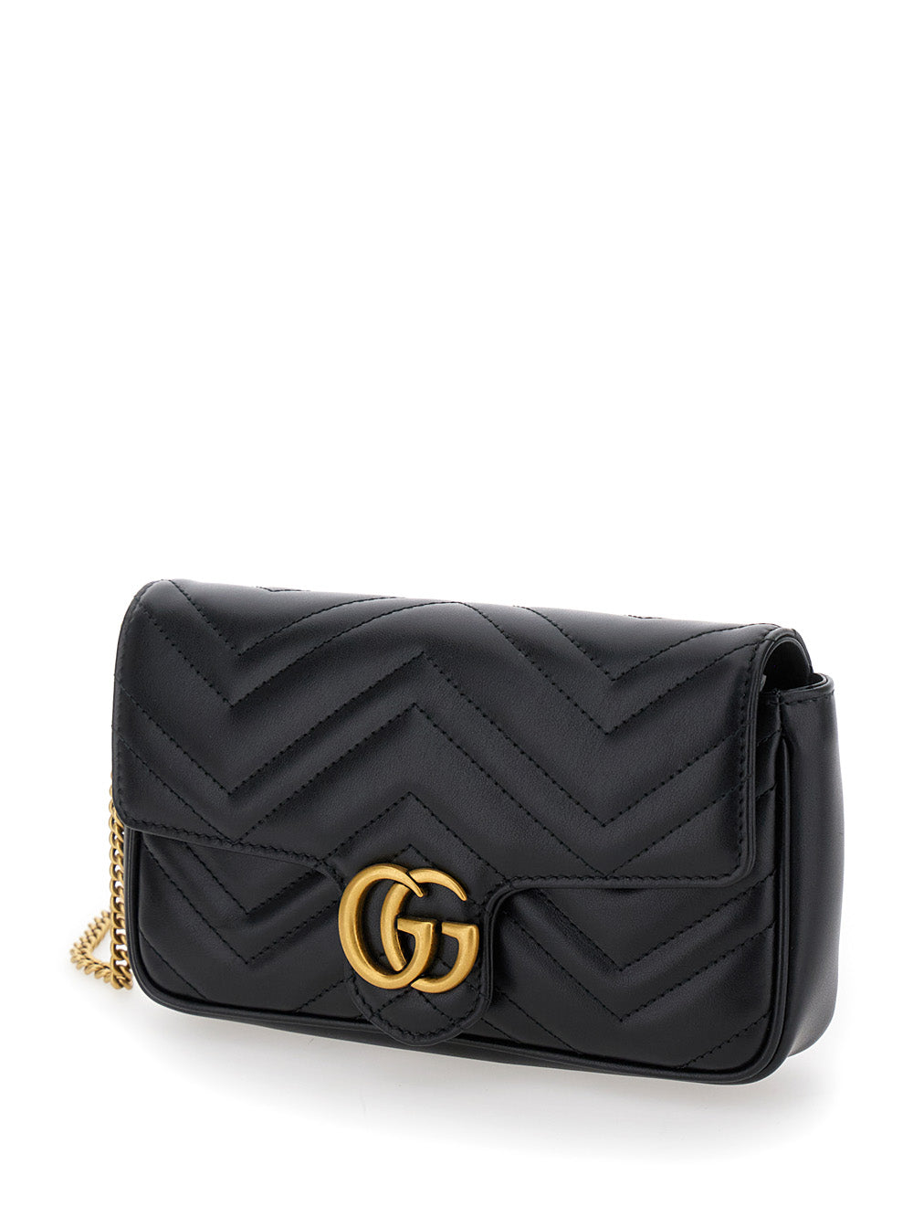Gucci Women Black Mini Shoulder Bag 'Gg Marmont 2.0' With Double G In Chevron Leather For Women
