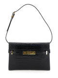 Saint Laurent Women 'Small Manhattan' Black Shoulder Bag With Flap On Front In Glossy Crocodile Leather Woman