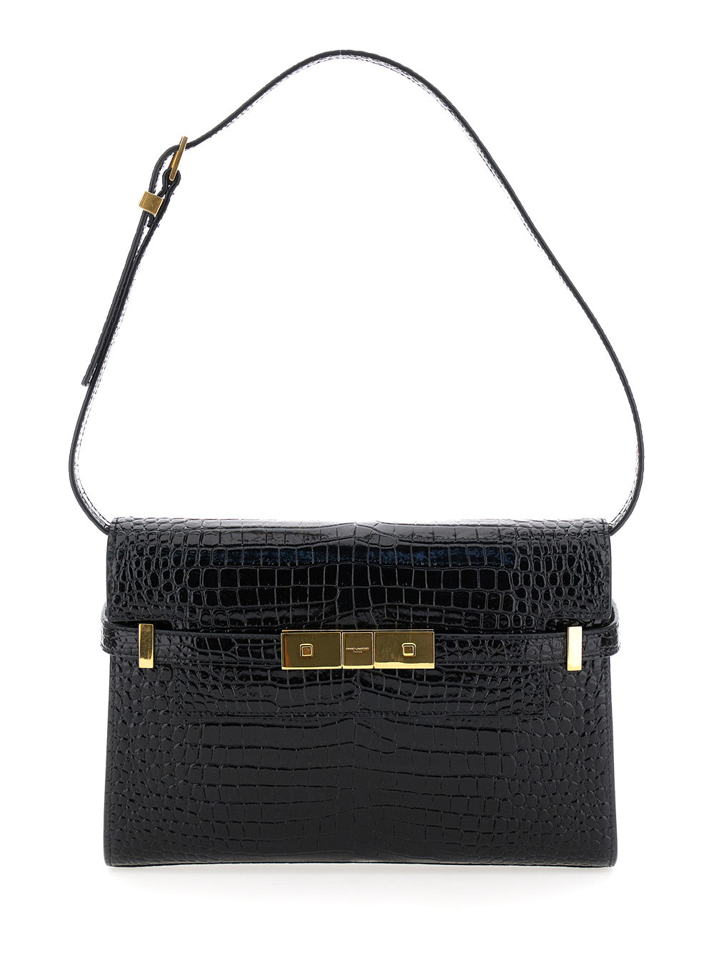 Saint Laurent Women 'Small Manhattan' Black Shoulder Bag With Flap On Front In Glossy Crocodile Leather Woman