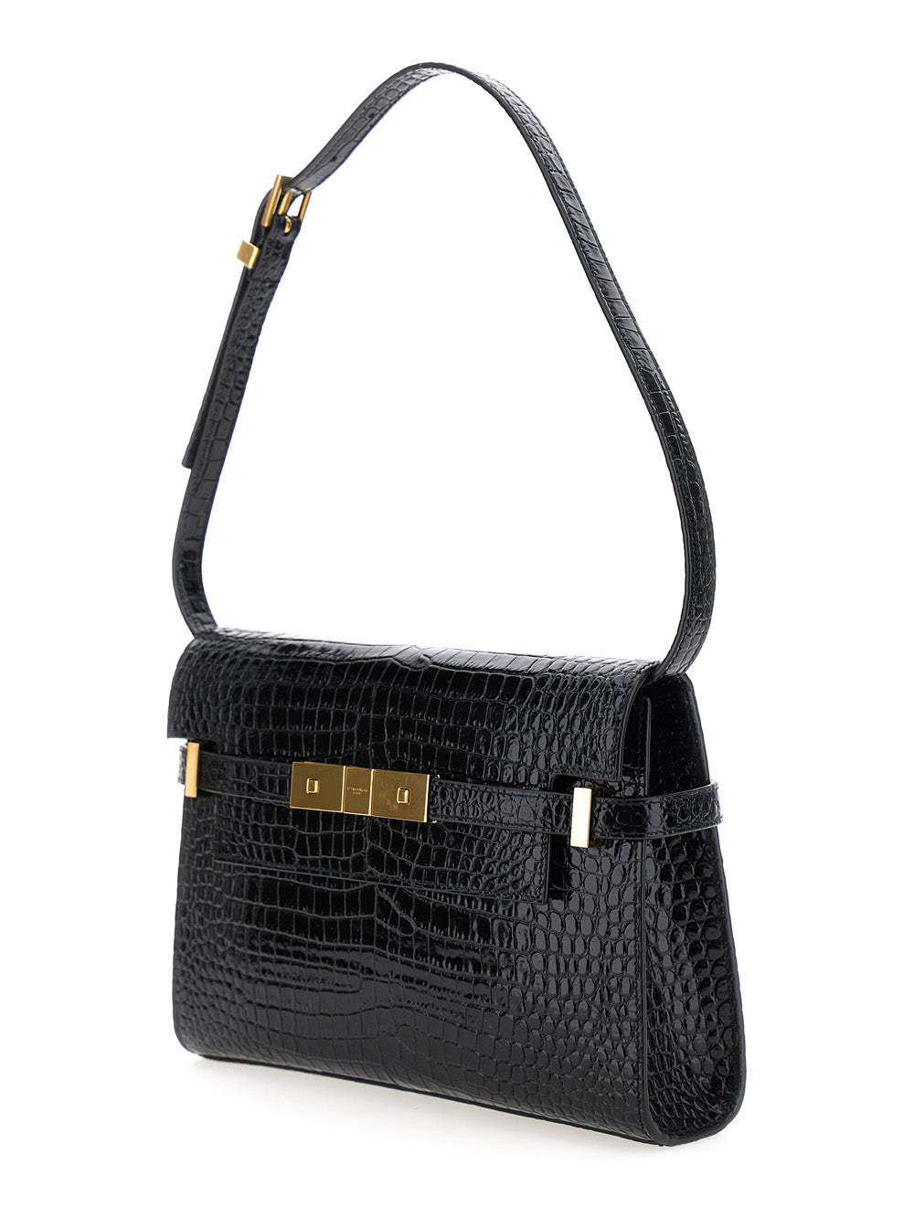 Saint Laurent Women 'Small Manhattan' Black Shoulder Bag With Flap On Front In Glossy Crocodile Leather Woman