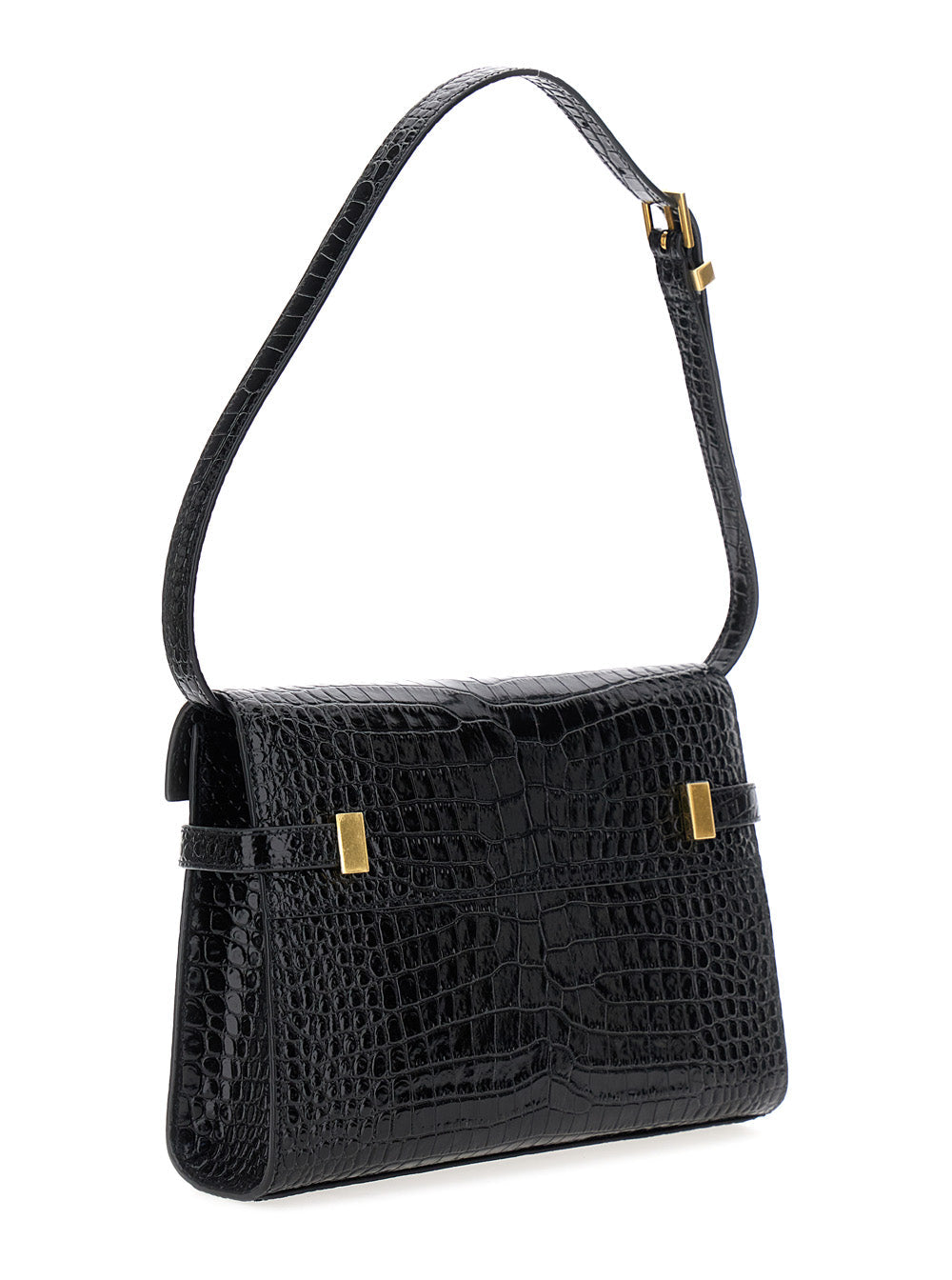 Saint Laurent Women 'Small Manhattan' Black Shoulder Bag With Flap On Front In Glossy Crocodile Leather Woman