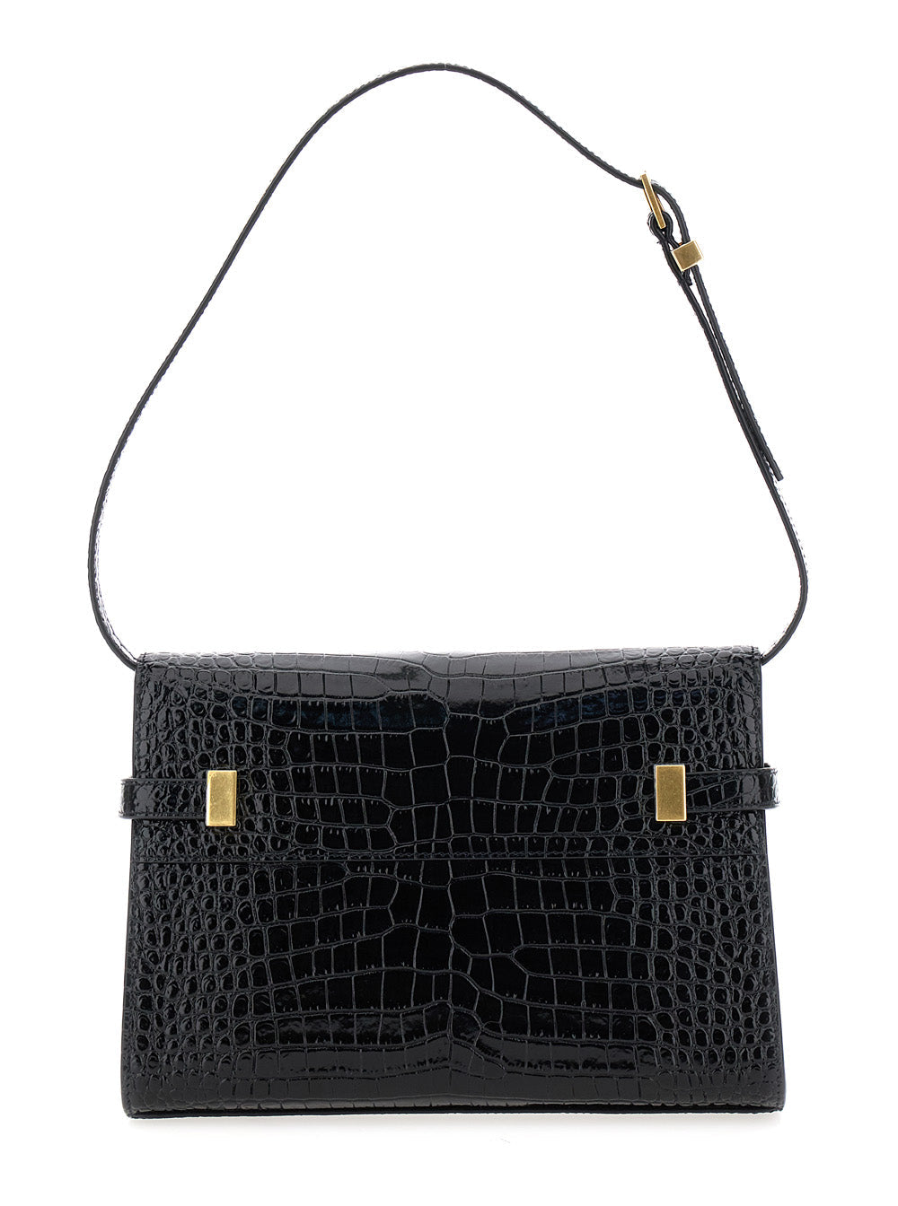Saint Laurent Women 'Small Manhattan' Black Shoulder Bag With Flap On Front In Glossy Crocodile Leather Woman