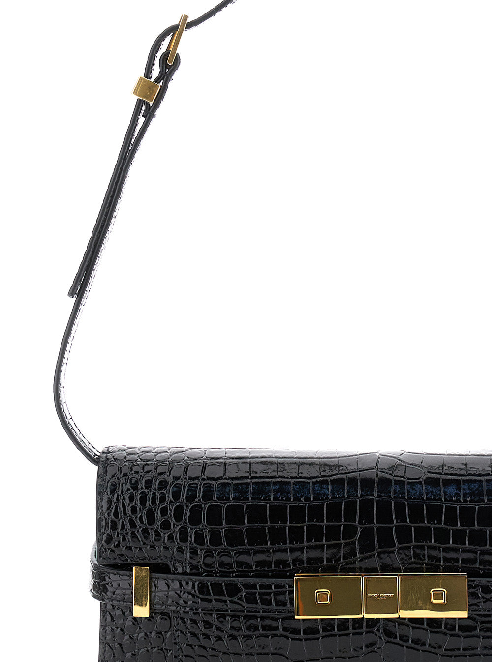 Saint Laurent Women 'Small Manhattan' Black Shoulder Bag With Flap On Front In Glossy Crocodile Leather Woman